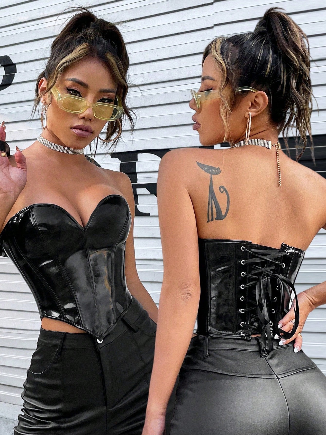 Corsé de piel sintética charol Apperloth para mujer con escote pronunciado