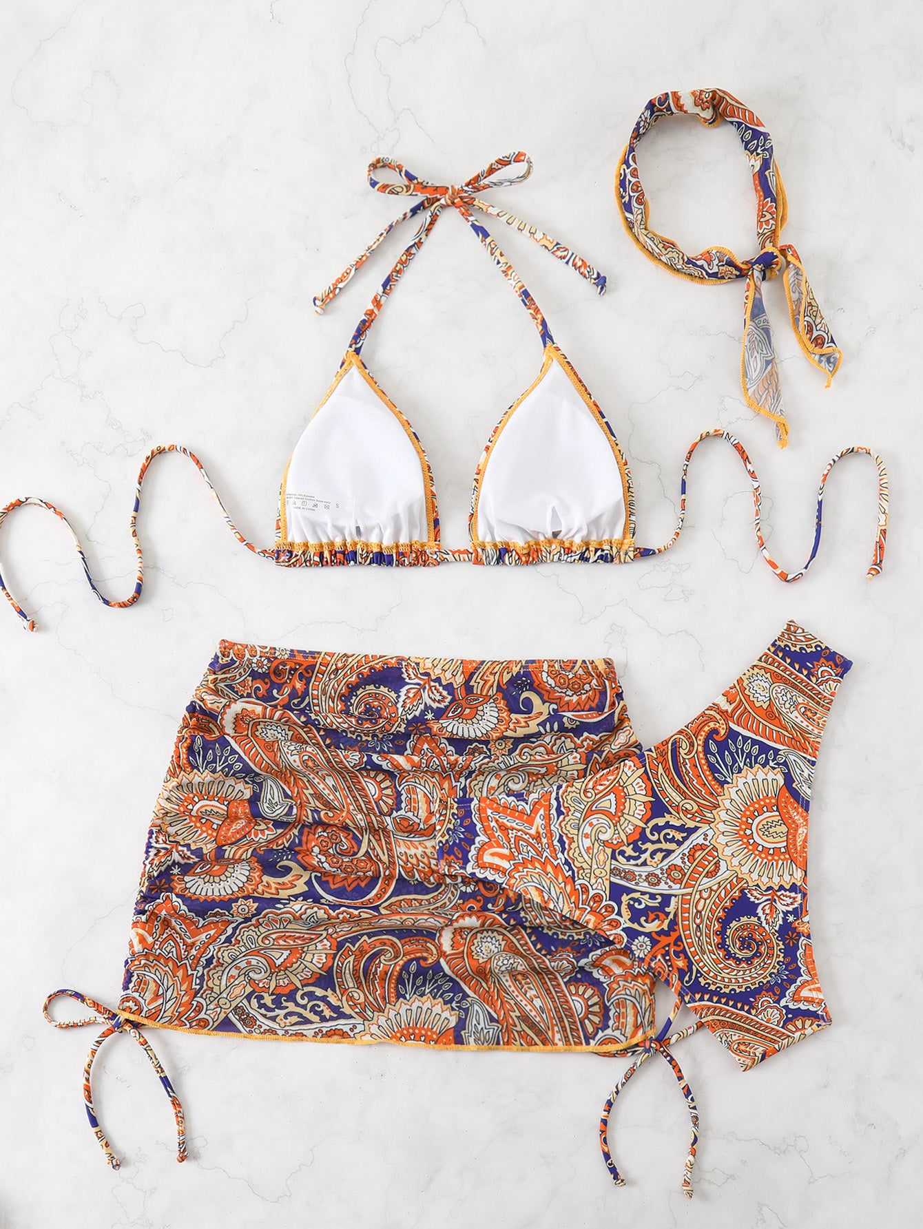 Bohemian Paisley Print 3-Piece Bikini Set for Women, Halter Tie-Side Swimsuit with Skirt & Headscarf, Vacation Beach Swimwear