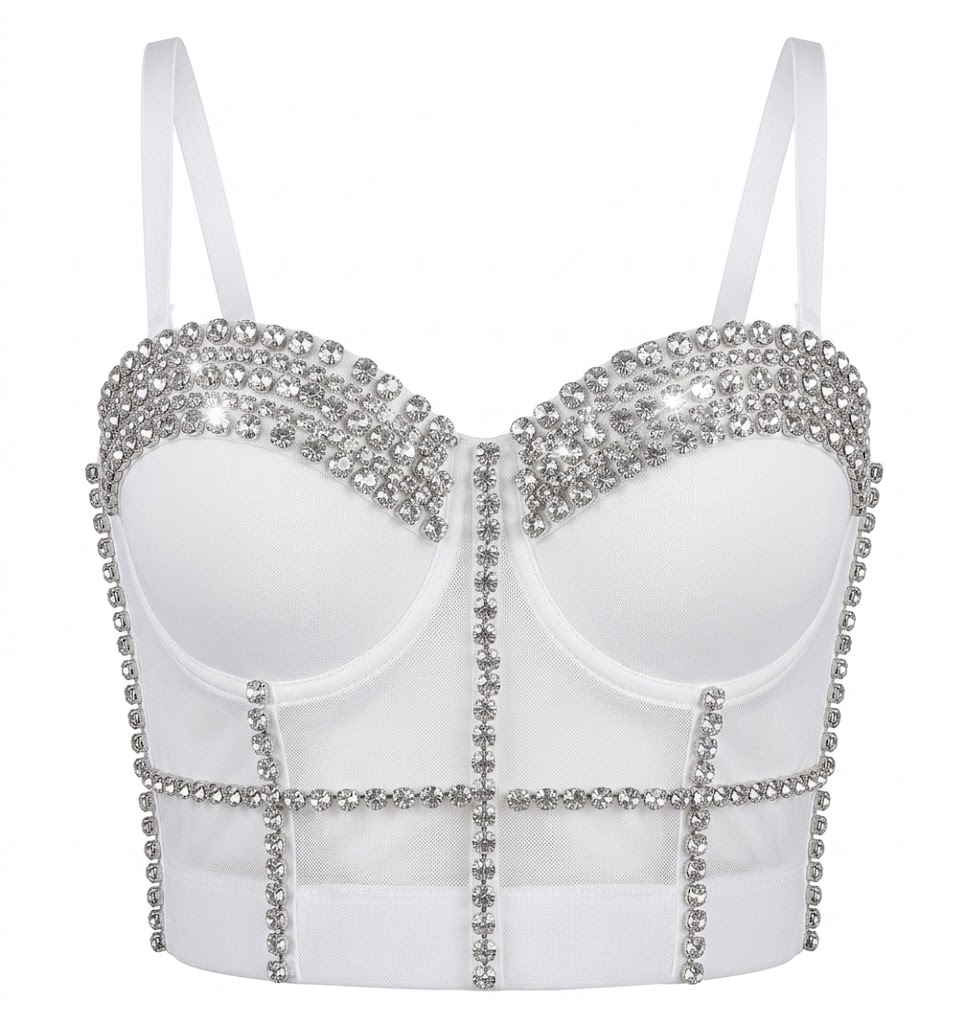White Rhinestone Embellished Mesh Corset Top Spaghetti Strap Cropped Bustier Top