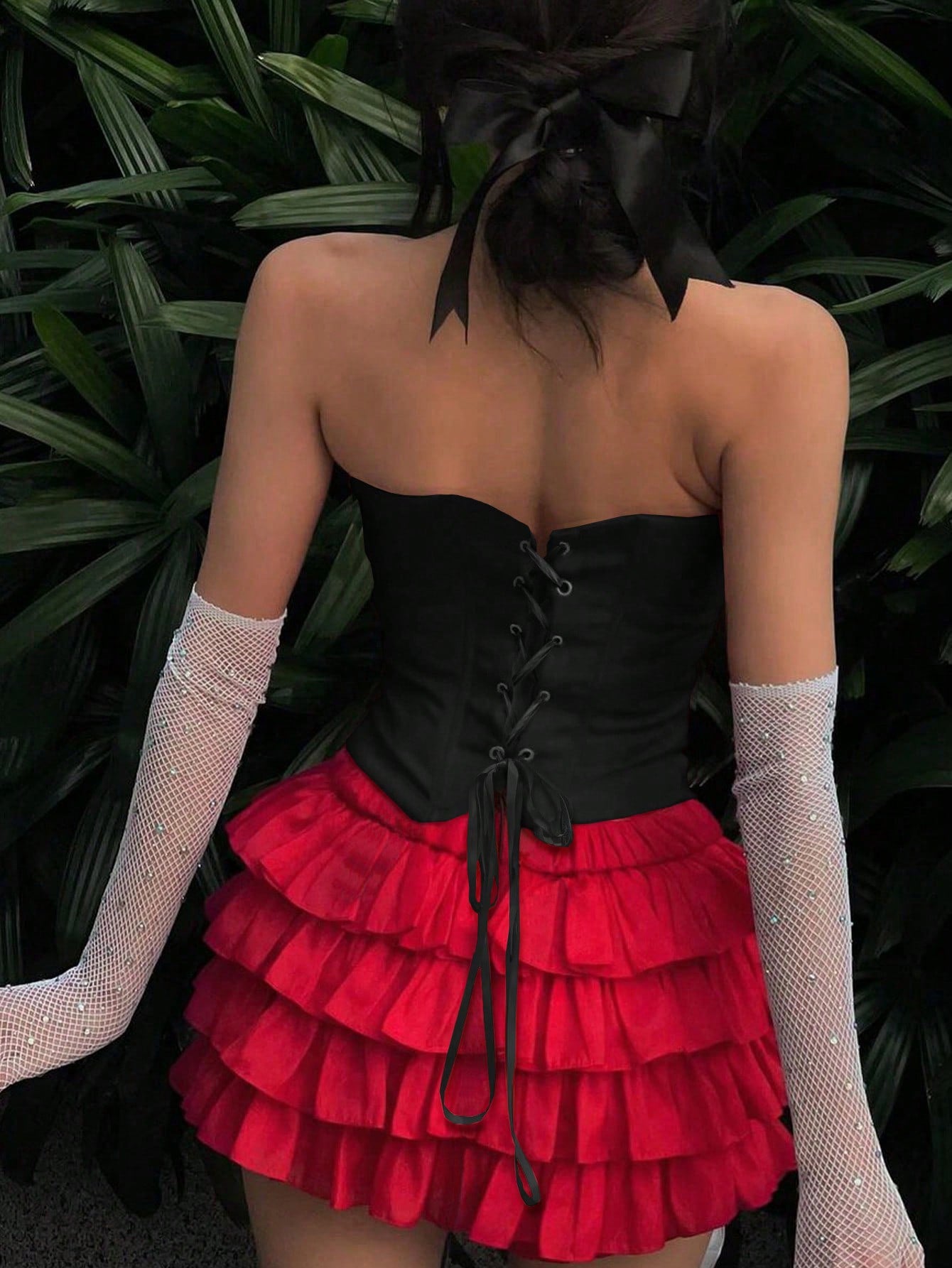 Women's Red & Black Strapless Bowknot Ruffle Crop Top - Sweetheart Tiered Tube Top, Cute Romantic Party Top