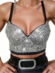 Black All Over Rhinestone V Neck Thin Strap Corset Crop Bustier Top for Night Club Party