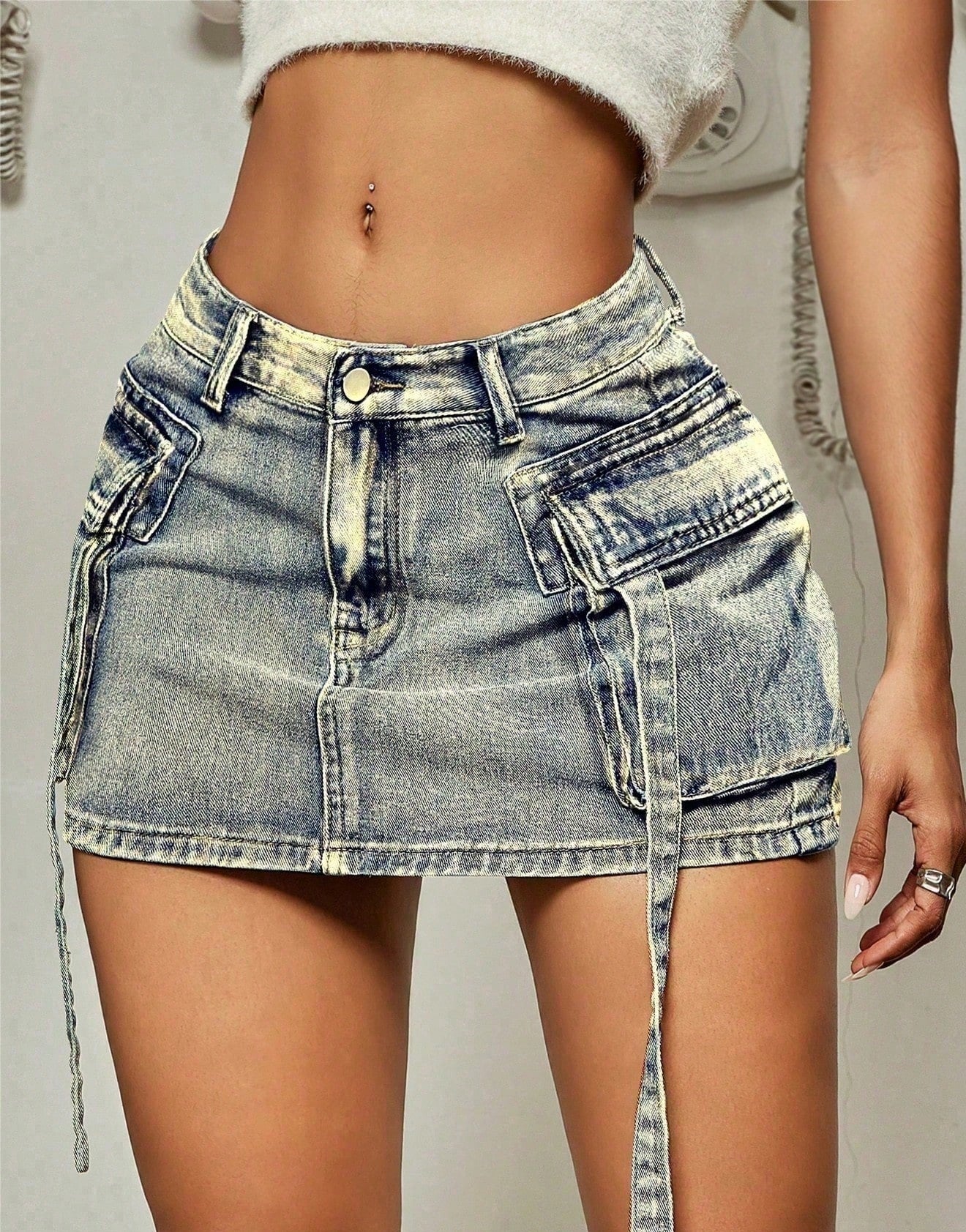 Women's Distressed Washed Cargo Denim Mini Skirt - Vintage Tie-Waist Slim-Fit A-Line Skirt