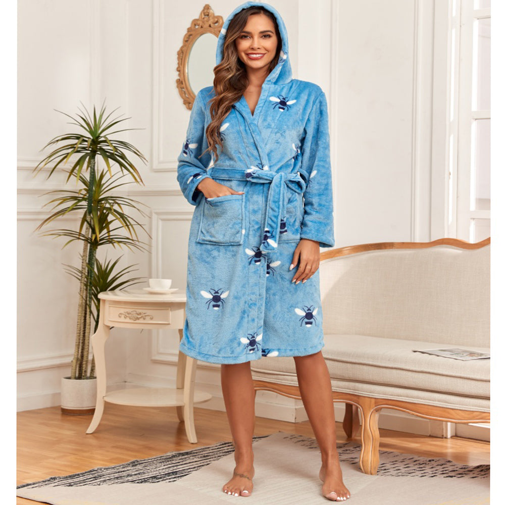 Blue Bee Print Hooded Plush Long Robe for Women, Thickened Warm Loungewear with Side Pockets & Belt