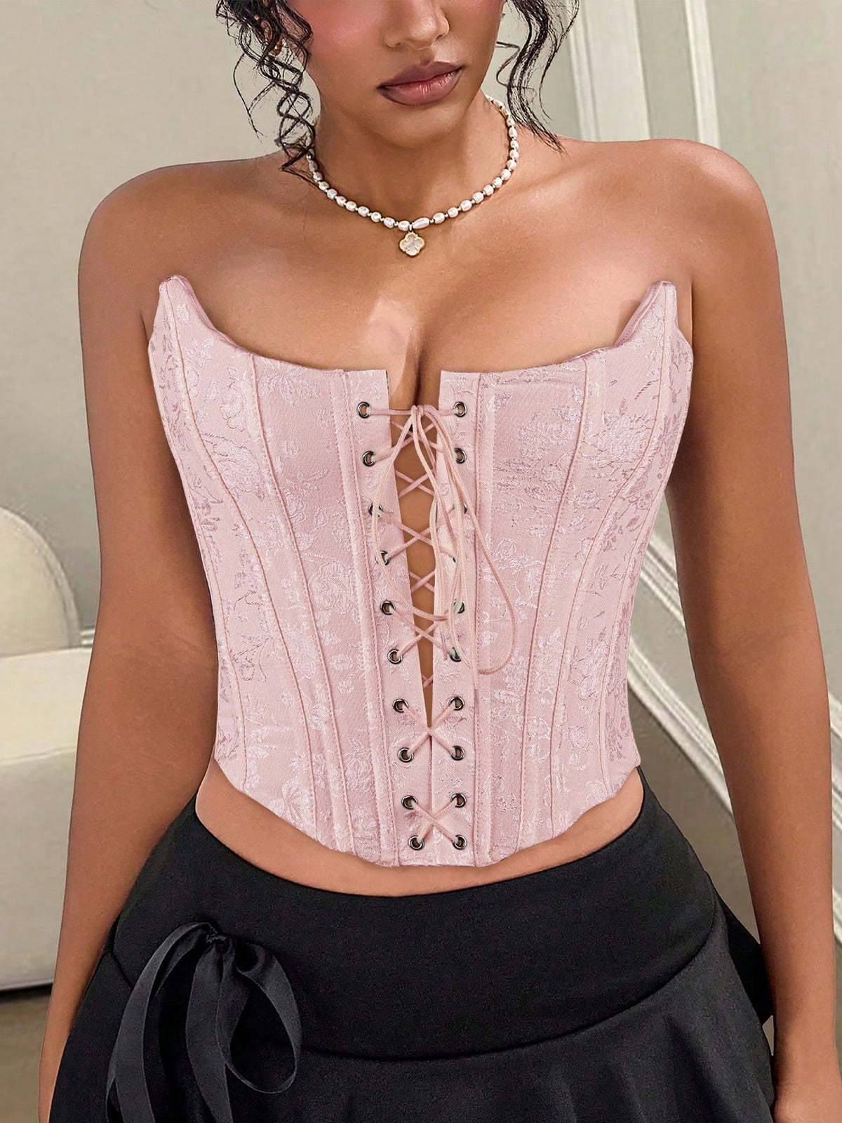 Blush Pink Jacquard Strapless Corset Top Front Lace Up Boned Waist Cincher Vintage Bustier