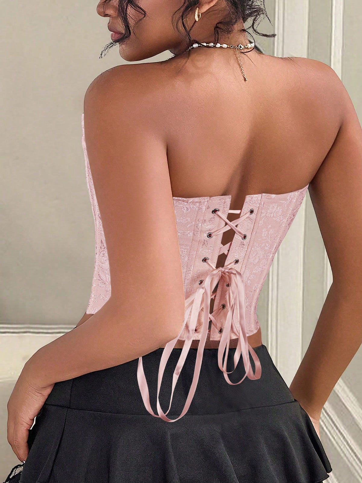 Blush Pink Jacquard Strapless Corset Top Front Lace Up Boned Waist Cincher Vintage Bustier