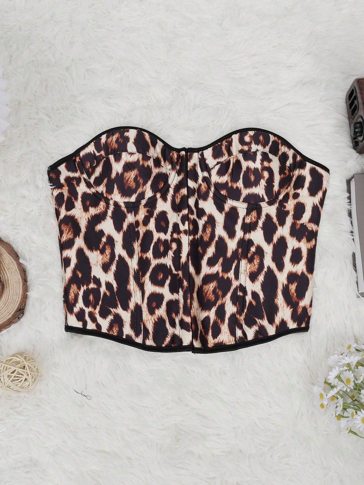 Leopard Print Strapless Corset Top Front Hook Boned Waist Cincher Sweetheart Bustier