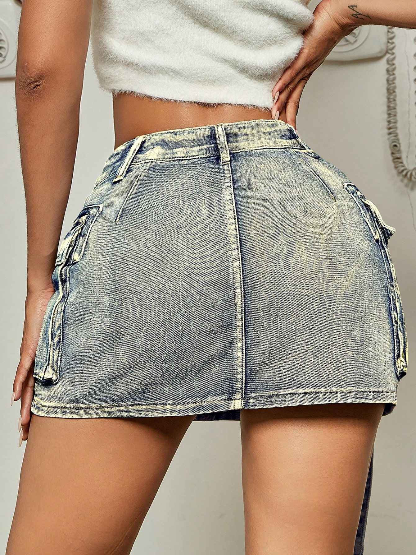 Women's Distressed Washed Cargo Denim Mini Skirt - Vintage Tie-Waist Slim-Fit A-Line Skirt