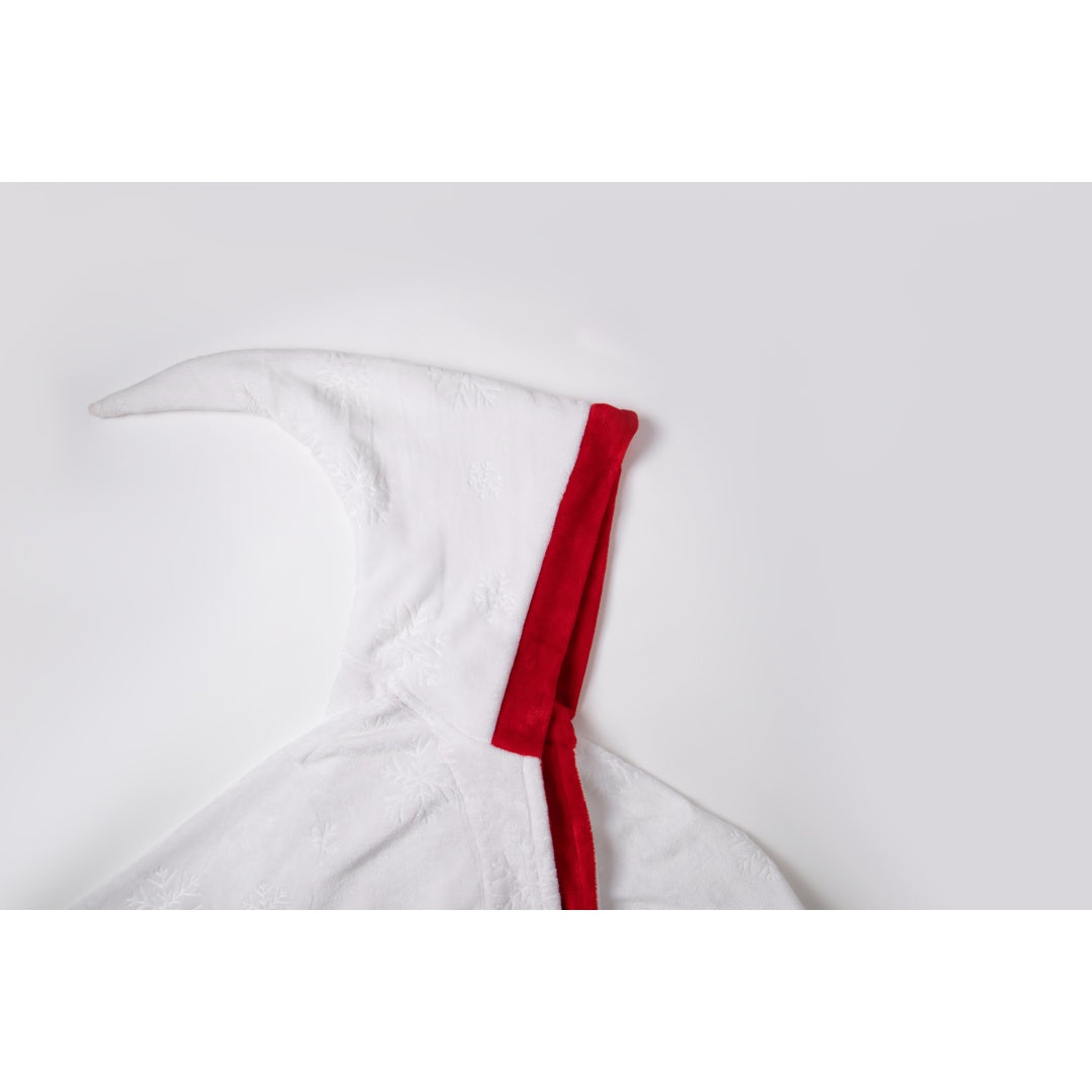 Bata larga de felpa con capucha en contraste rojo y blanco para mujer, pijama gruesa y cálida con bolsillos y cinturón, estilo navideño.