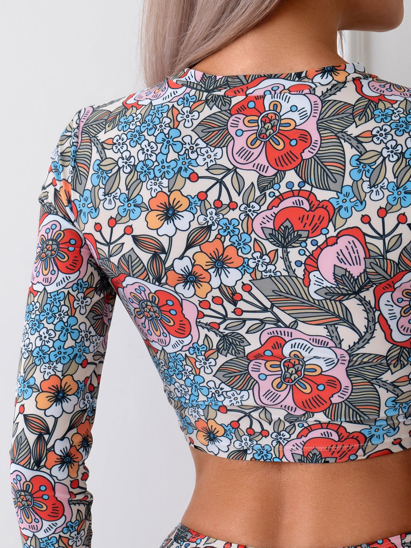 Women's Floral Print Competitive Two-Piece Swimsuit - Long Sleeve Sun Protection Quick-Dry Athletic Training Swimwear Set