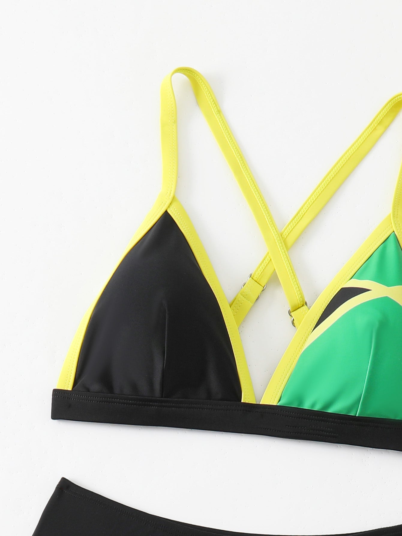 Black-Green Color Block Crisscross Back Bikini Set for Women, Neon Yellow Trim Triangle Swimwear