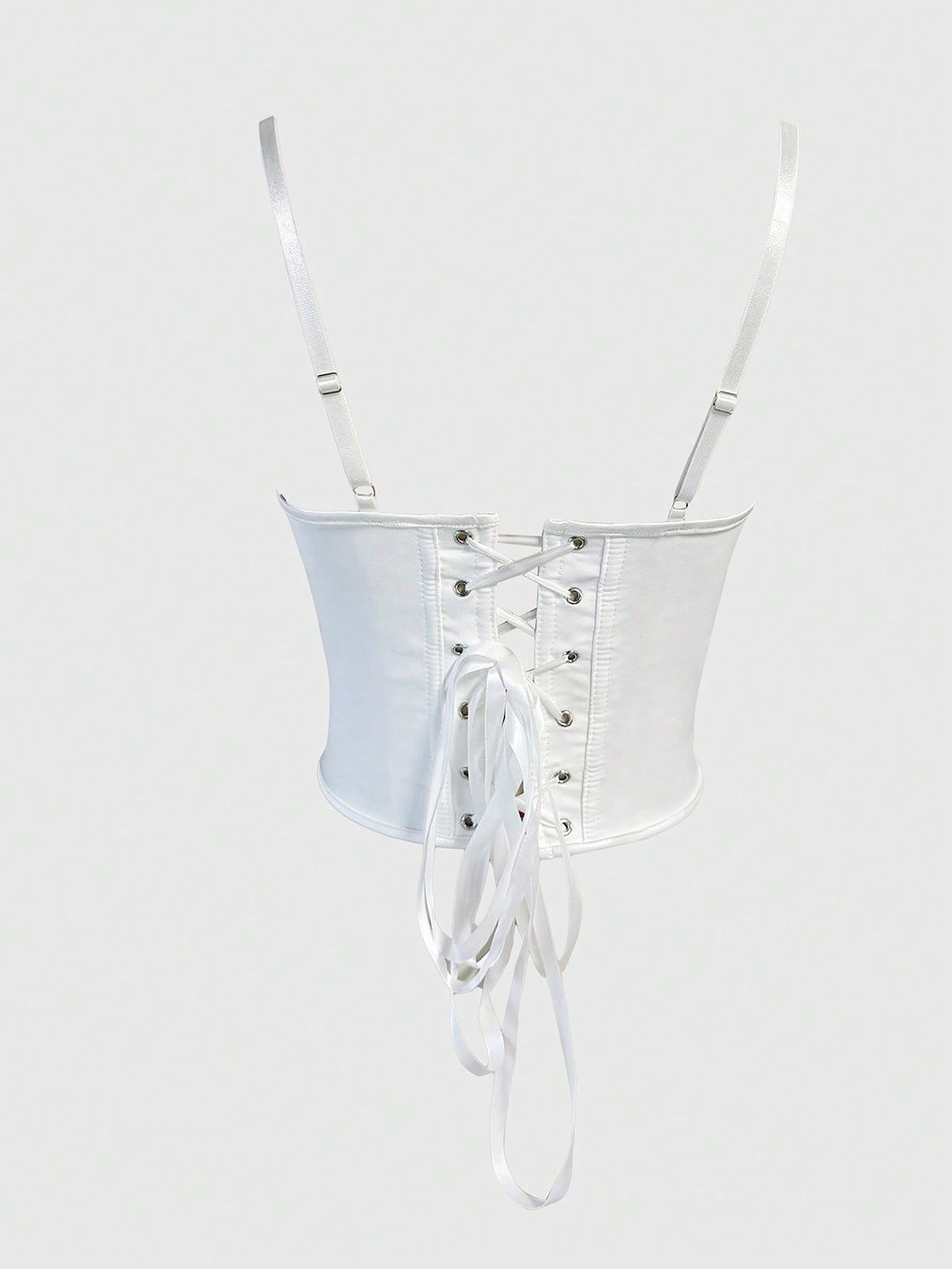 White Satin 3D Floral Spaghetti Strap Corset Top Boned Waist Cincher Sweetheart Bustier
