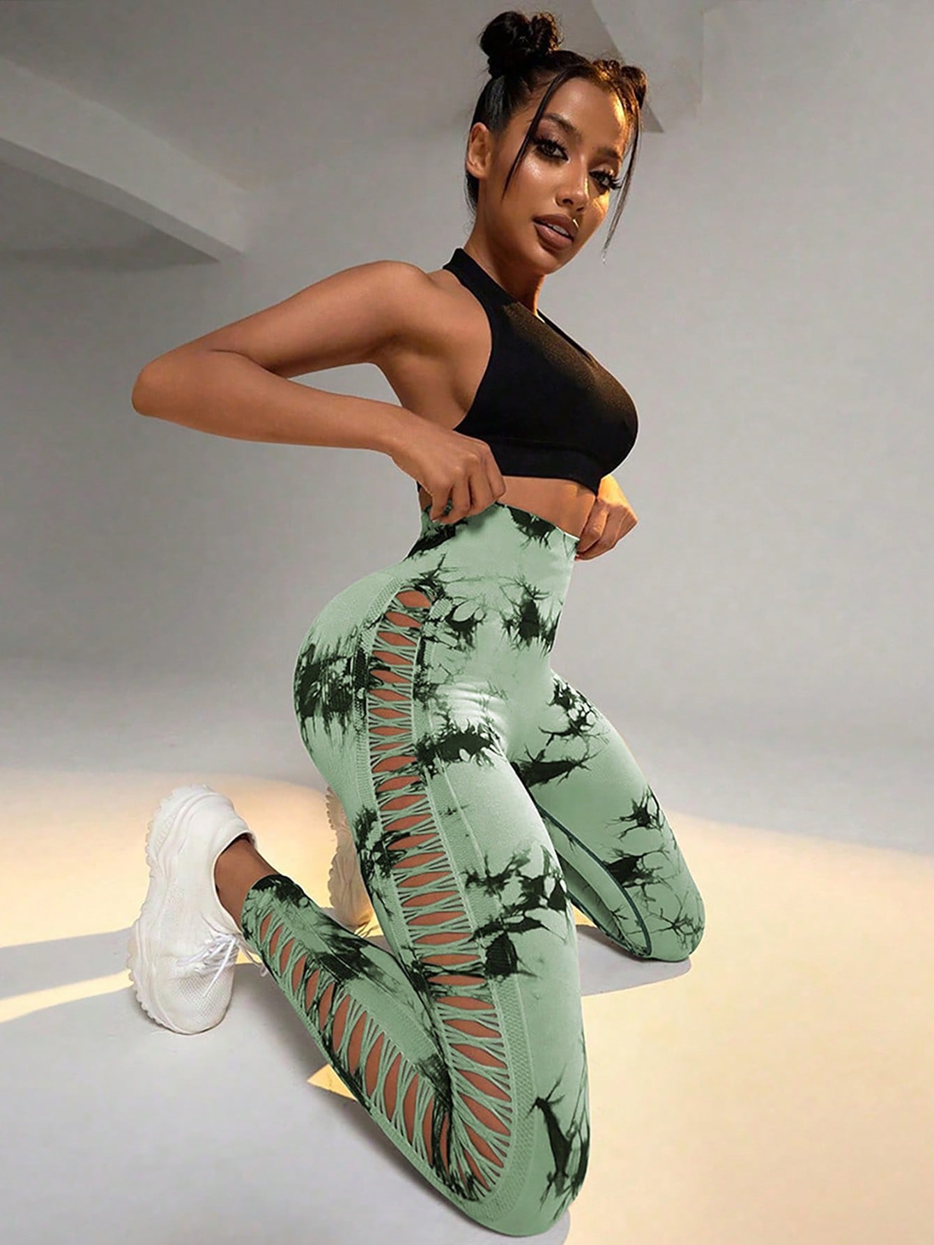 Women's Tie-Dye Side Cutout Lace-Up Yoga Pants - High-Waisted Butt-Lifting Seamless Athletic Leggings