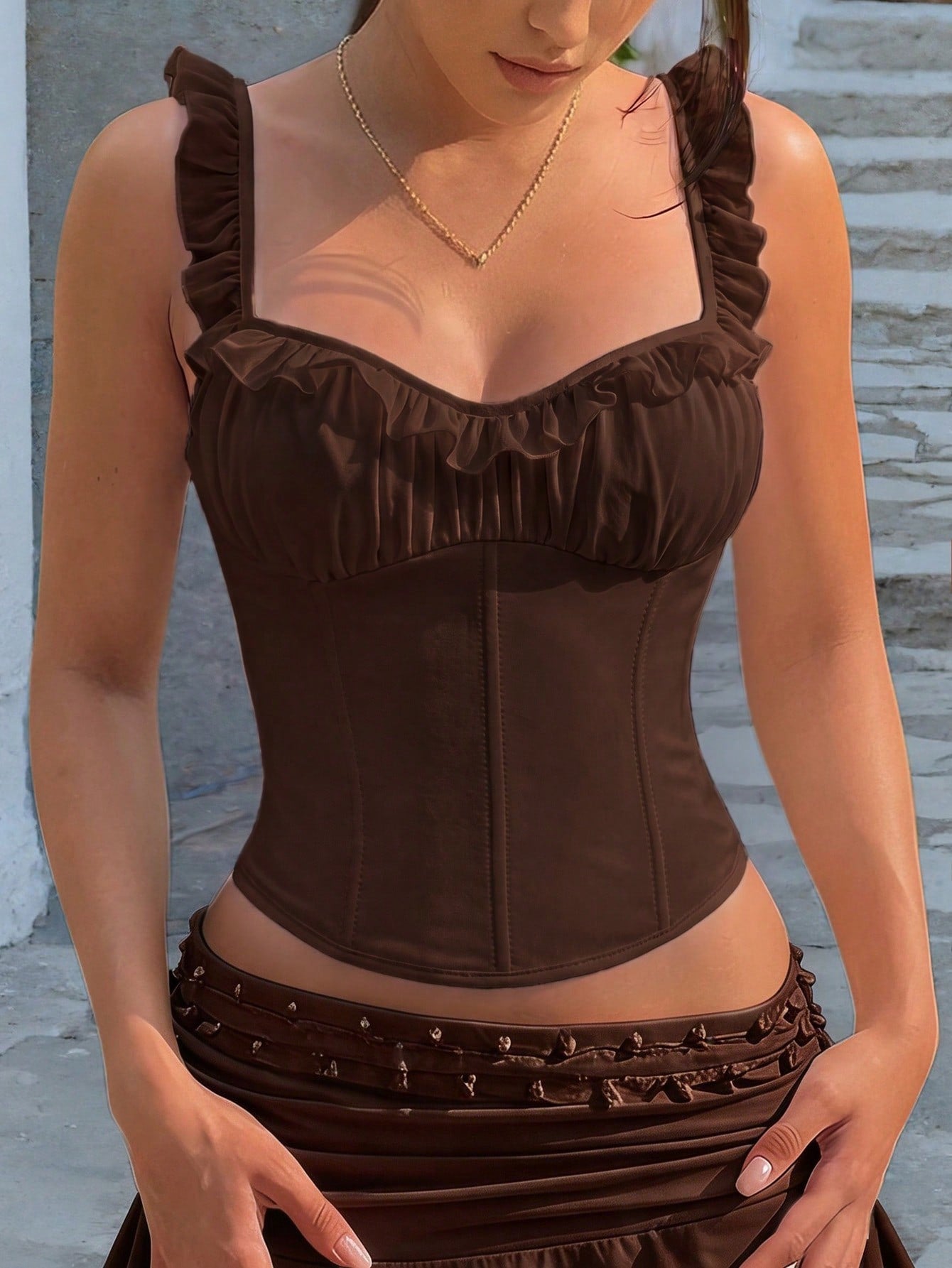Ruffle Trim Square Neck Solid Brown Waist Cinching Corset Top