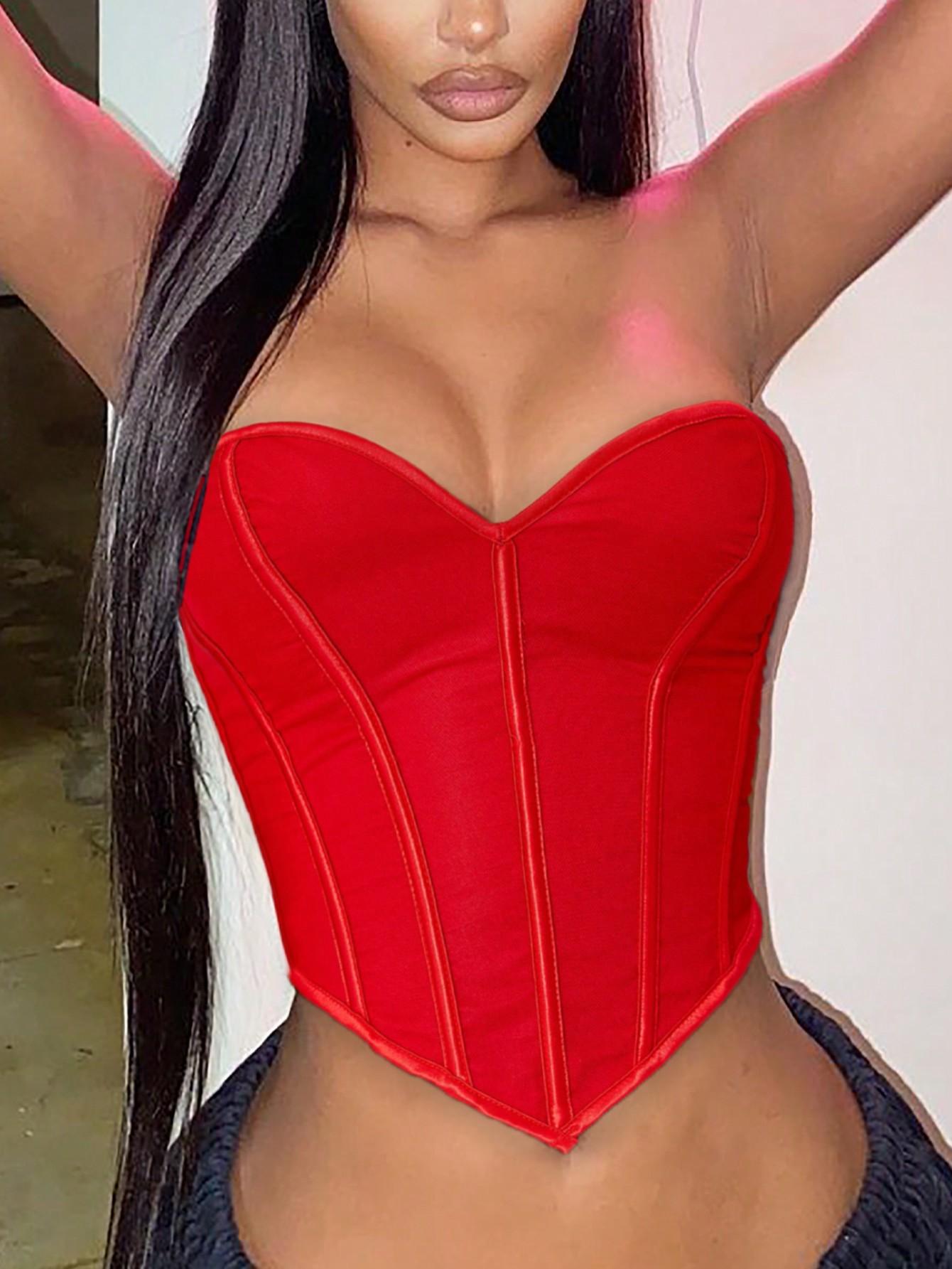 Red Heart Neckline Strapless Corset Shapewear Top for Women, Outerwear Sexy Hot Girl Tight Waist Cincher Top