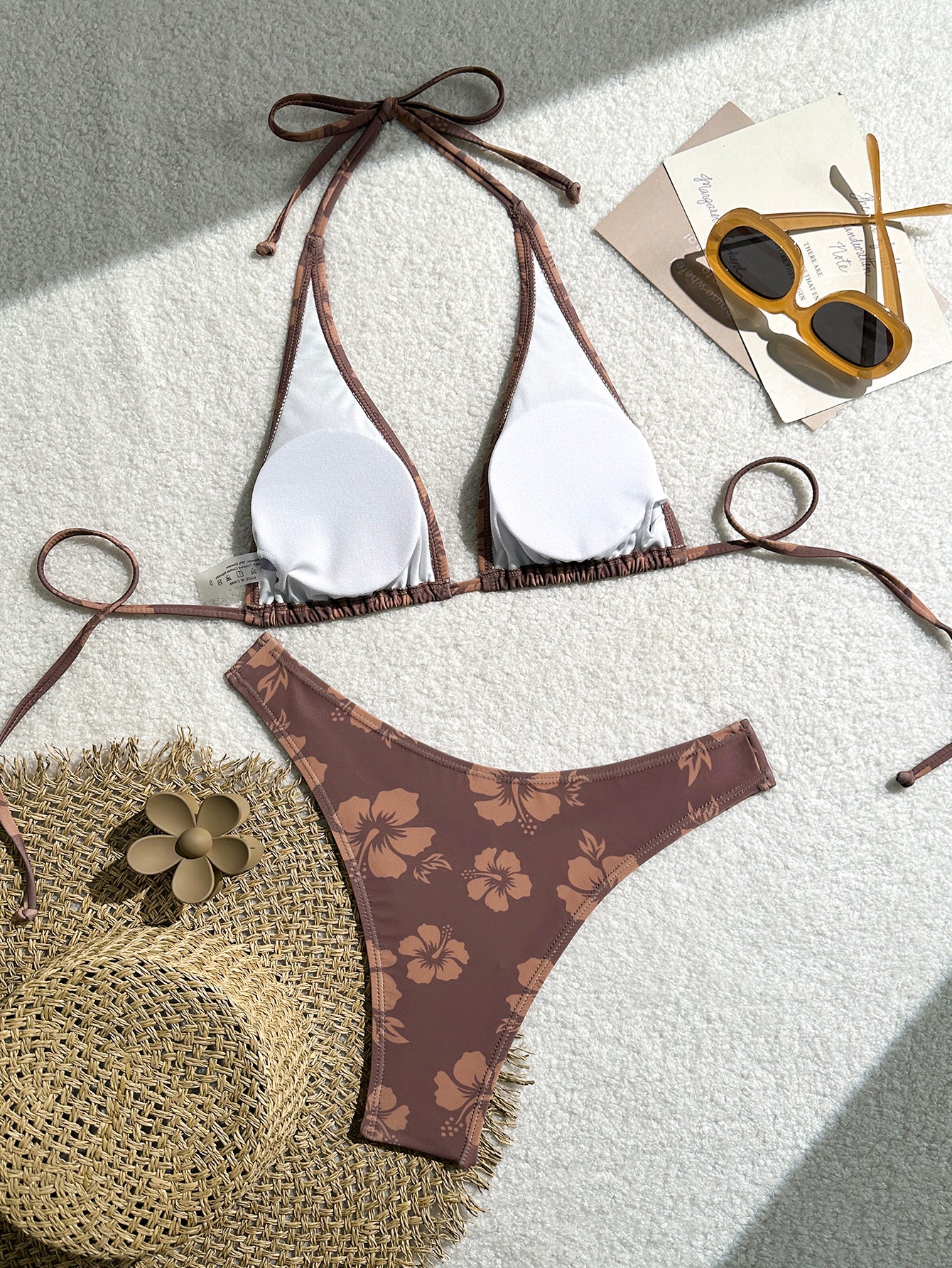 Coffee Hibiscus Print Bikini Set for Women, Halter Tie Triangle Swimwear