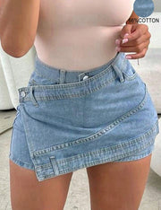 Light Blue Asymmetric Wrap Fake Two-Piece Denim Shorts for Women, High-Waisted Slim-Fit Hot Pants