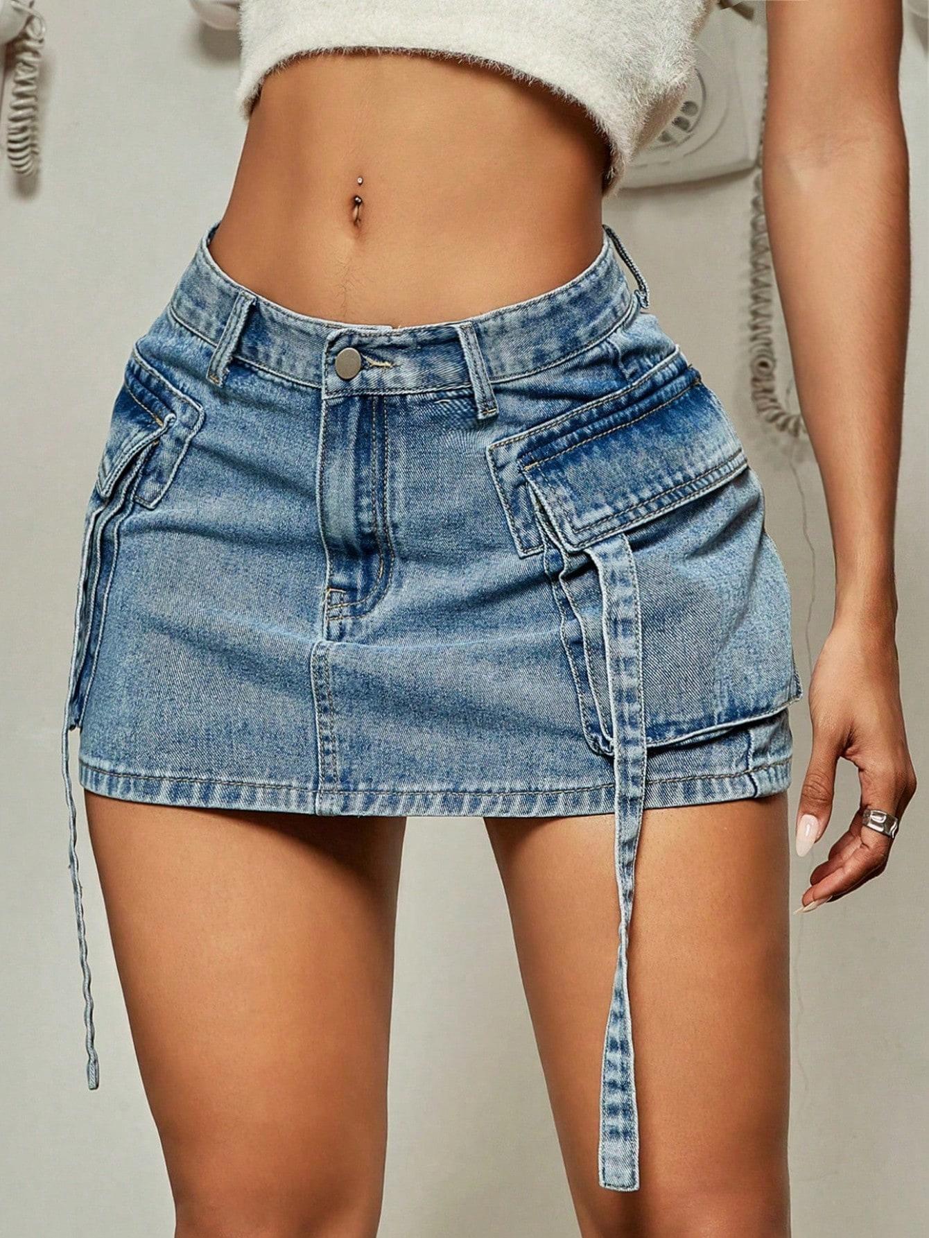 Women's Distressed Washed Cargo Denim Mini Skirt - Vintage Tie-Waist Slim-Fit A-Line Skirt