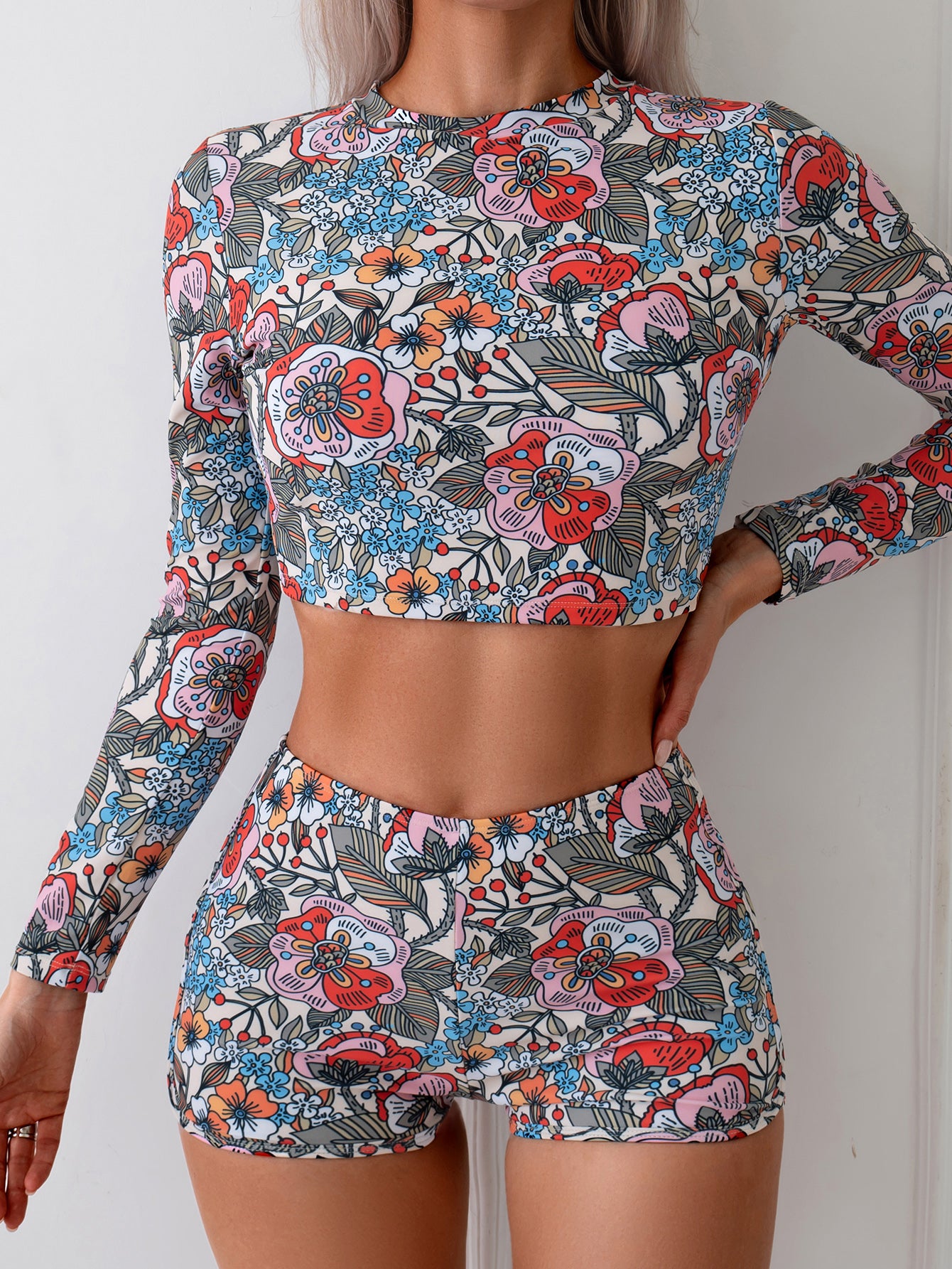 Women's Floral Print Competitive Two-Piece Swimsuit - Long Sleeve Sun Protection Quick-Dry Athletic Training Swimwear Set