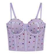 Multicolor Rhinestone Mesh Corset Bustier Crop Top, Spaghetti Strap Party Camisole