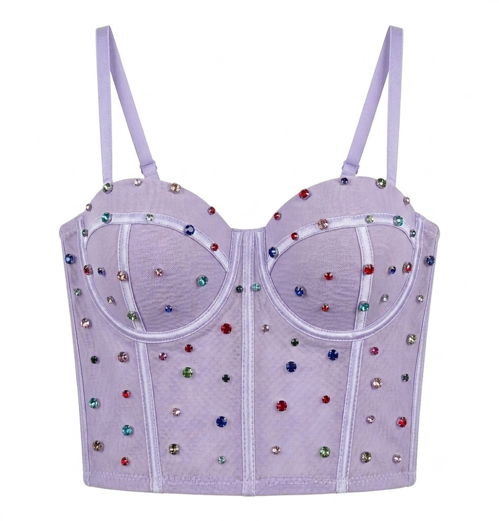 Multicolor Rhinestone Mesh Corset Bustier Crop Top, Spaghetti Strap Party Camisole