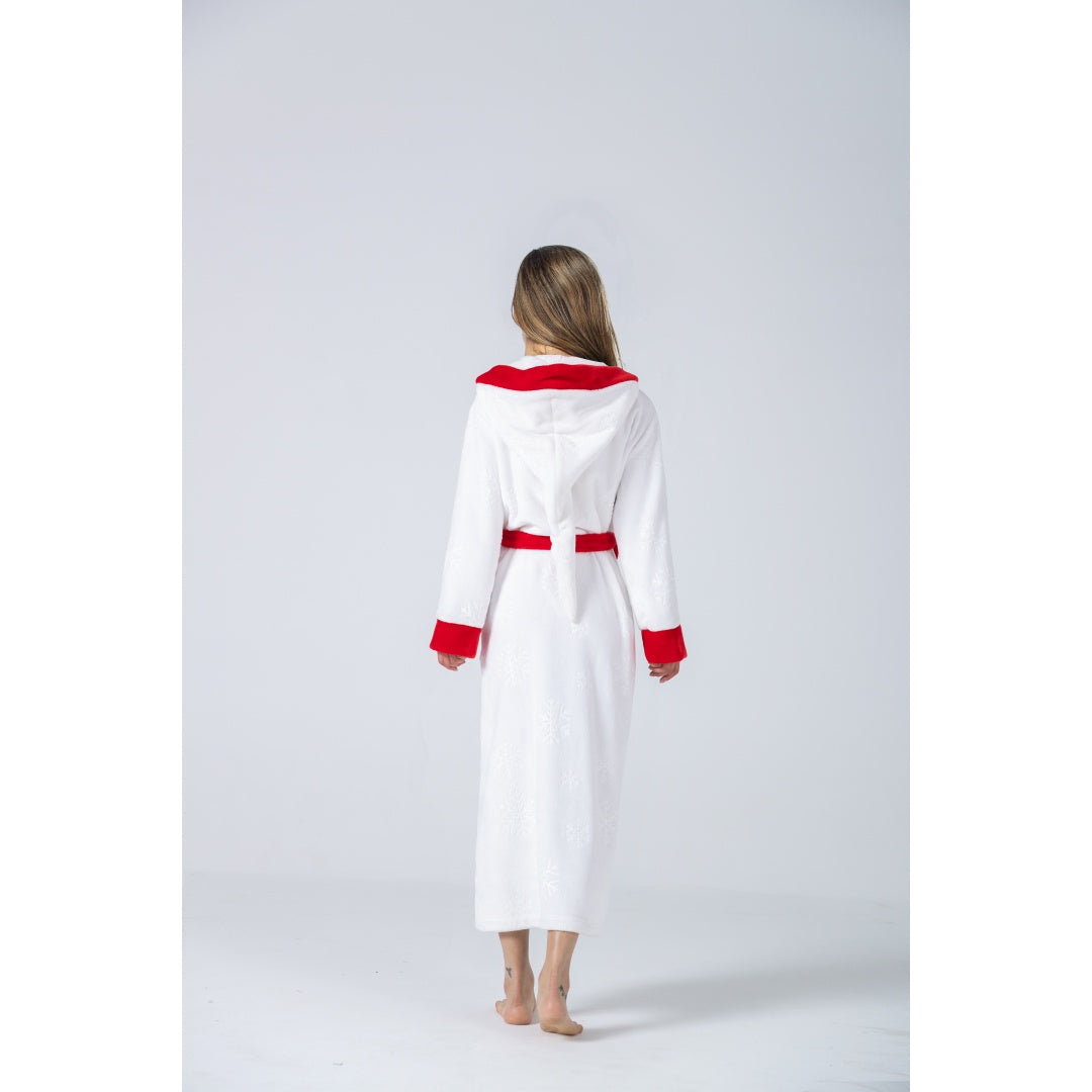 Bata larga de felpa con capucha en contraste rojo y blanco para mujer, pijama gruesa y cálida con bolsillos y cinturón, estilo navideño.