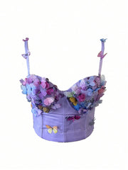 3D Butterfly Decor Purple Corset Crop Cami Top Bustier Spaghetti Strap Slim Party Corset Top