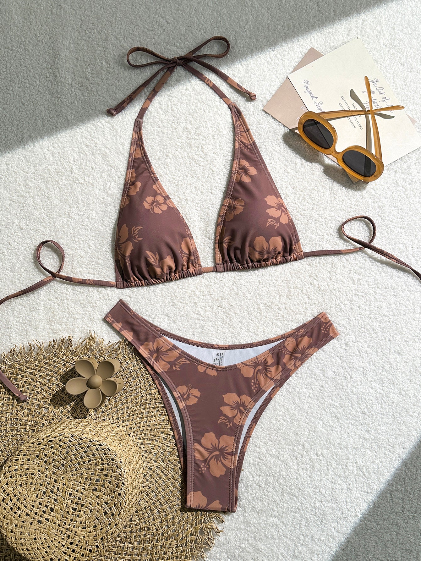 Coffee Hibiscus Print Bikini Set for Women, Halter Tie Triangle Swimwear