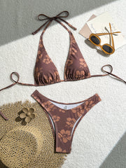 Coffee Hibiscus Print Bikini Set for Women, Halter Tie Triangle Swimwear