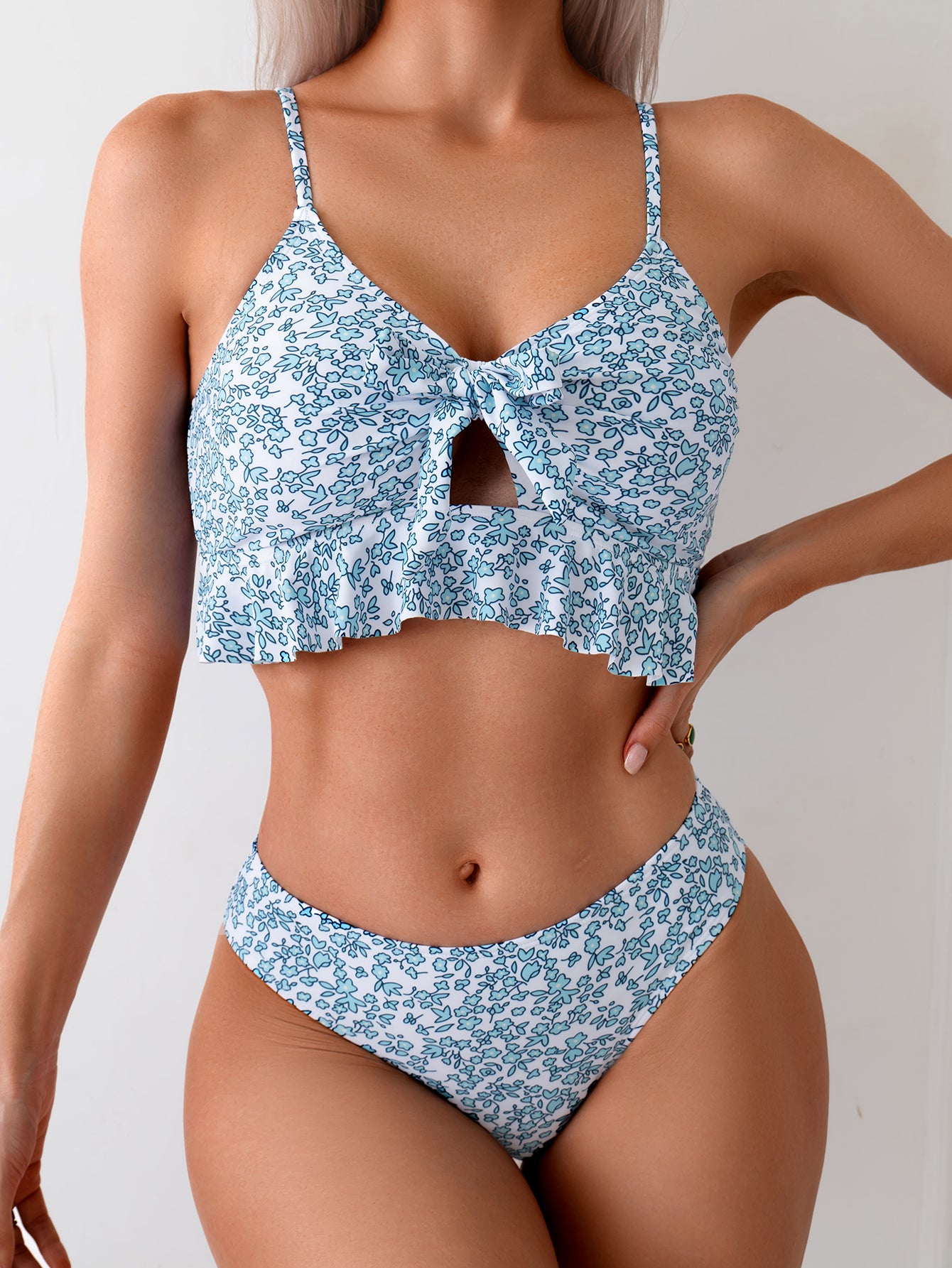Women's Sexy Floral Print Spaghetti Strap Crop Top & Ruffled Mini Skirt  Swimsuit Set
