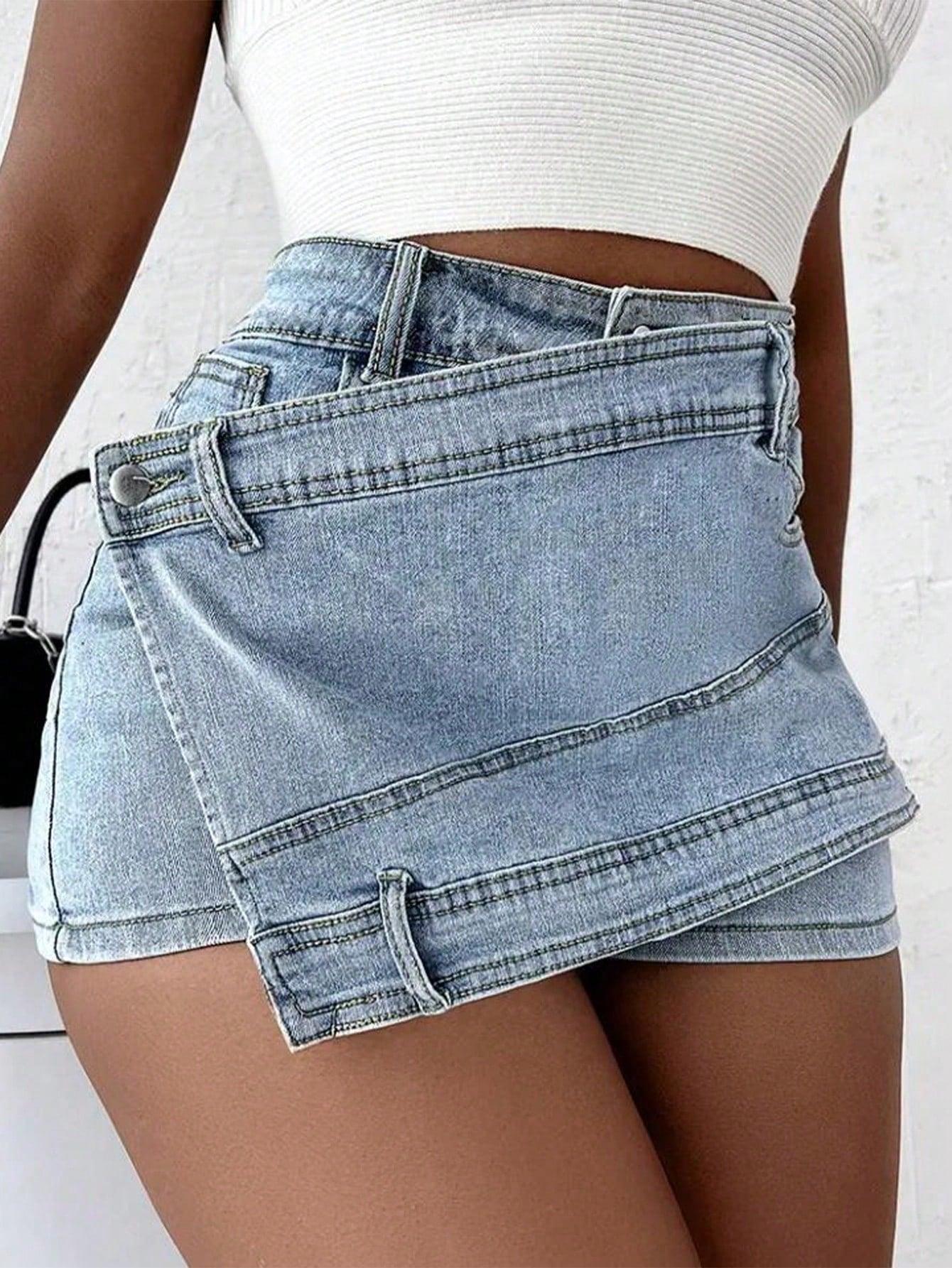 Light Blue Asymmetric Wrap Fake Two-Piece Denim Shorts for Women, High-Waisted Slim-Fit Hot Pants