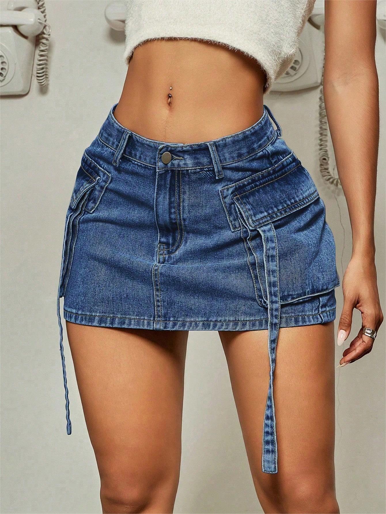 Women's Distressed Washed Cargo Denim Mini Skirt - Vintage Tie-Waist Slim-Fit A-Line Skirt