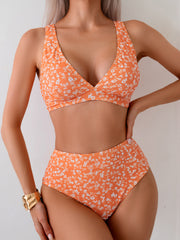 Orange Ditsy Floral High-Waisted Bikini Set for Women, Deep V Open-Back Triangle Swimwear