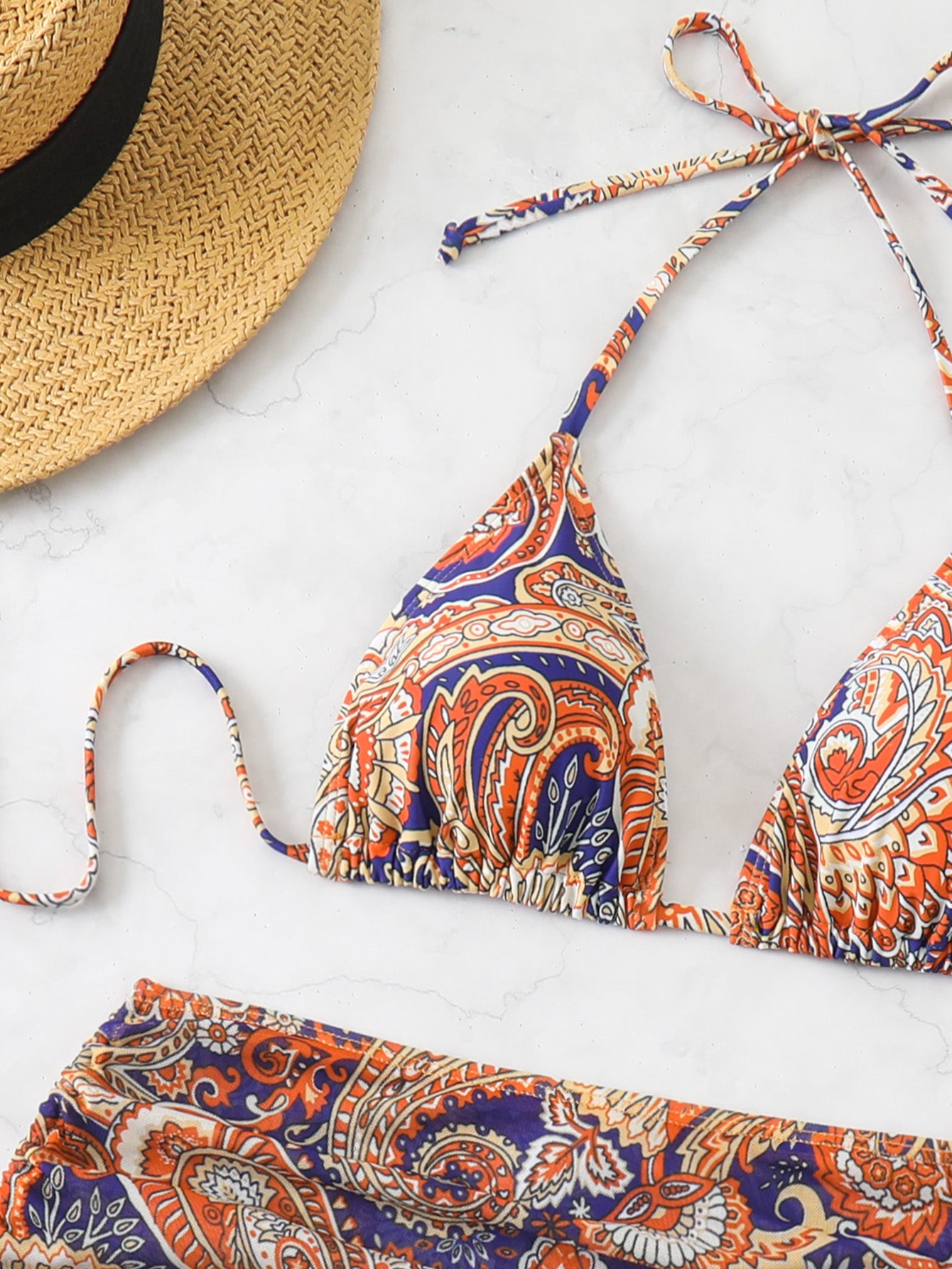 Bohemian Paisley Print 3-Piece Bikini Set for Women, Halter Tie-Side Swimsuit with Skirt & Headscarf, Vacation Beach Swimwear