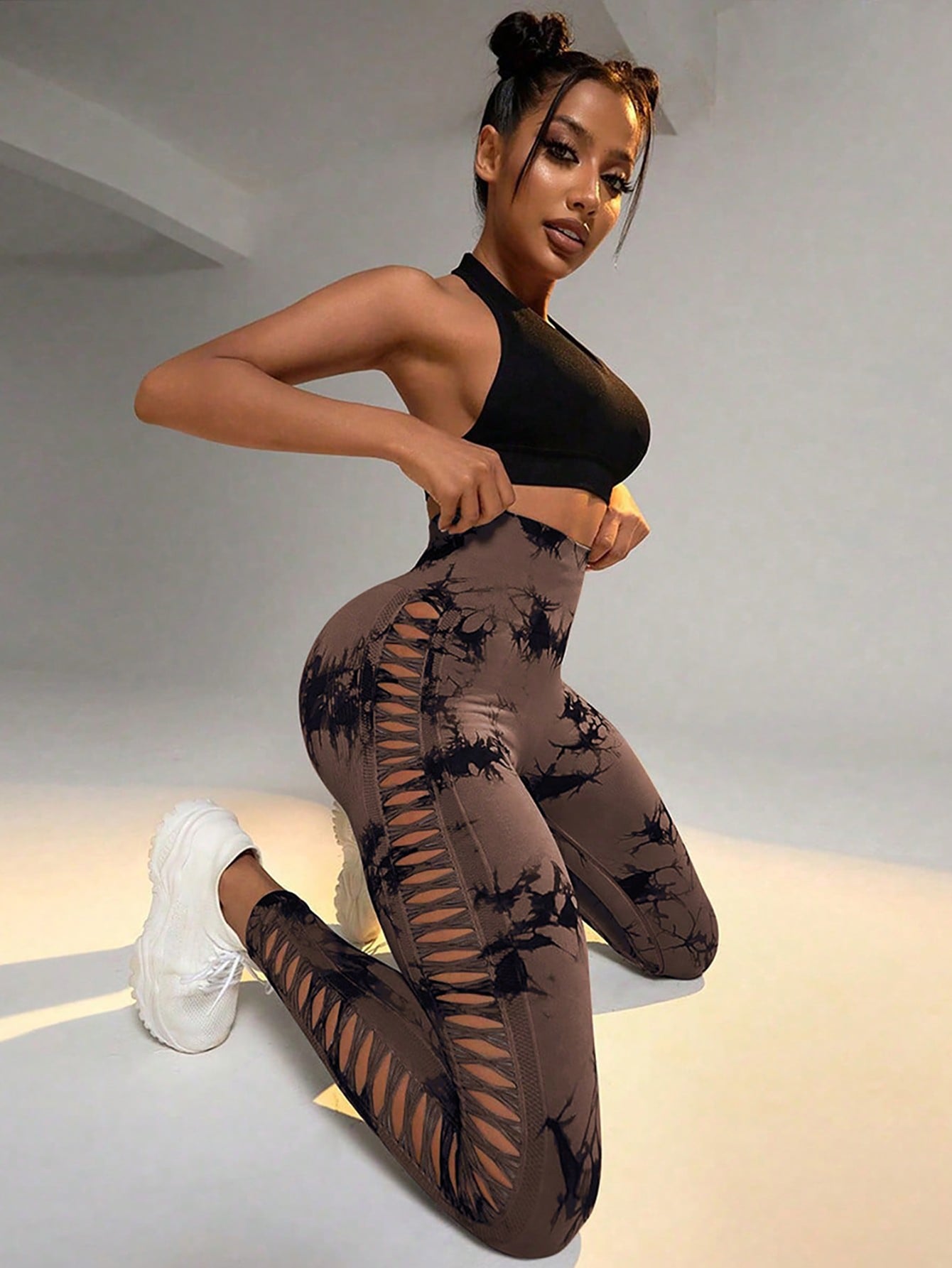 Women's Tie-Dye Side Cutout Lace-Up Yoga Pants - High-Waisted Butt-Lifting Seamless Athletic Leggings