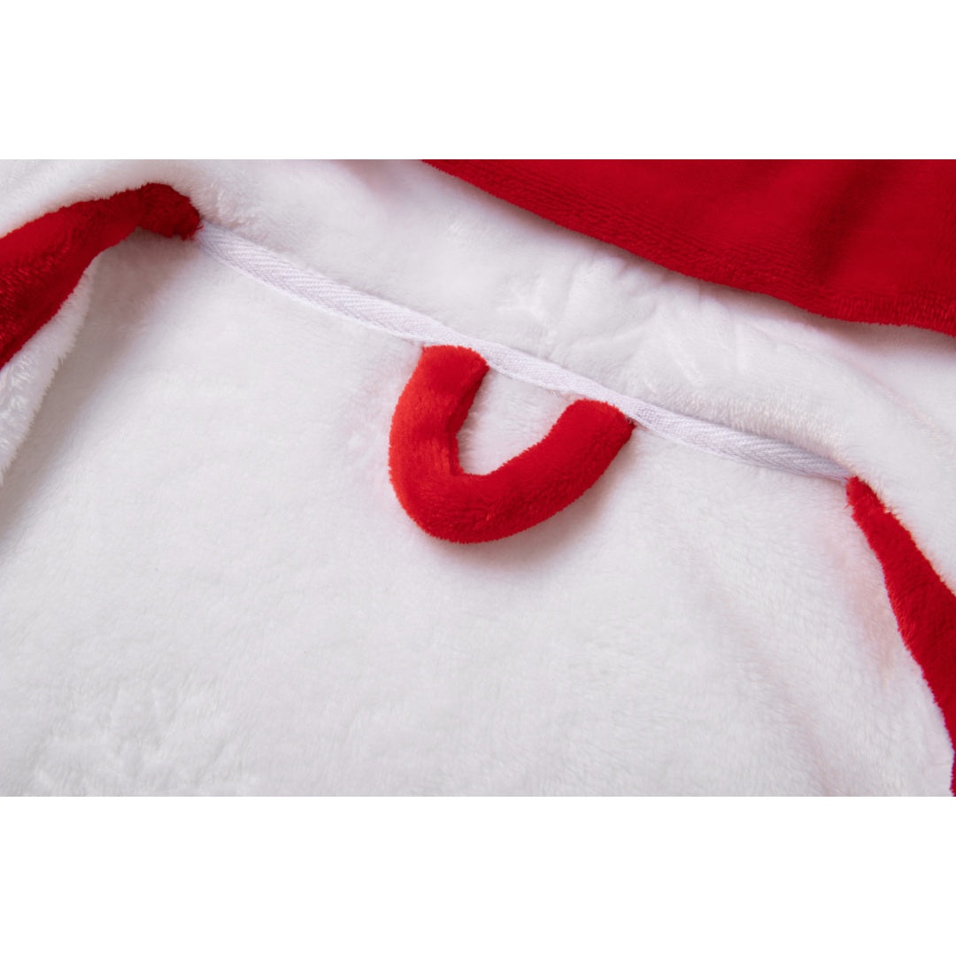 Bata larga de felpa con capucha en contraste rojo y blanco para mujer, pijama gruesa y cálida con bolsillos y cinturón, estilo navideño.