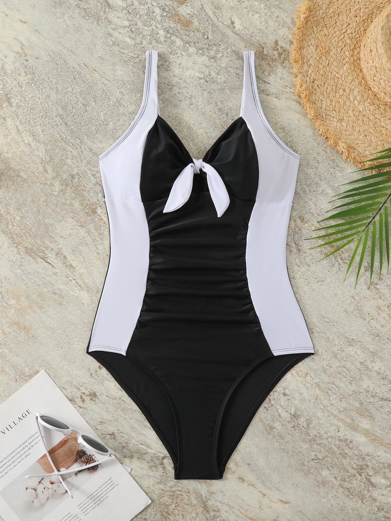 Black & White Color Block Deep V Bow One-Piece Swimsuit for Women, Slimming Wearable-as-Top Fashion Swimwear