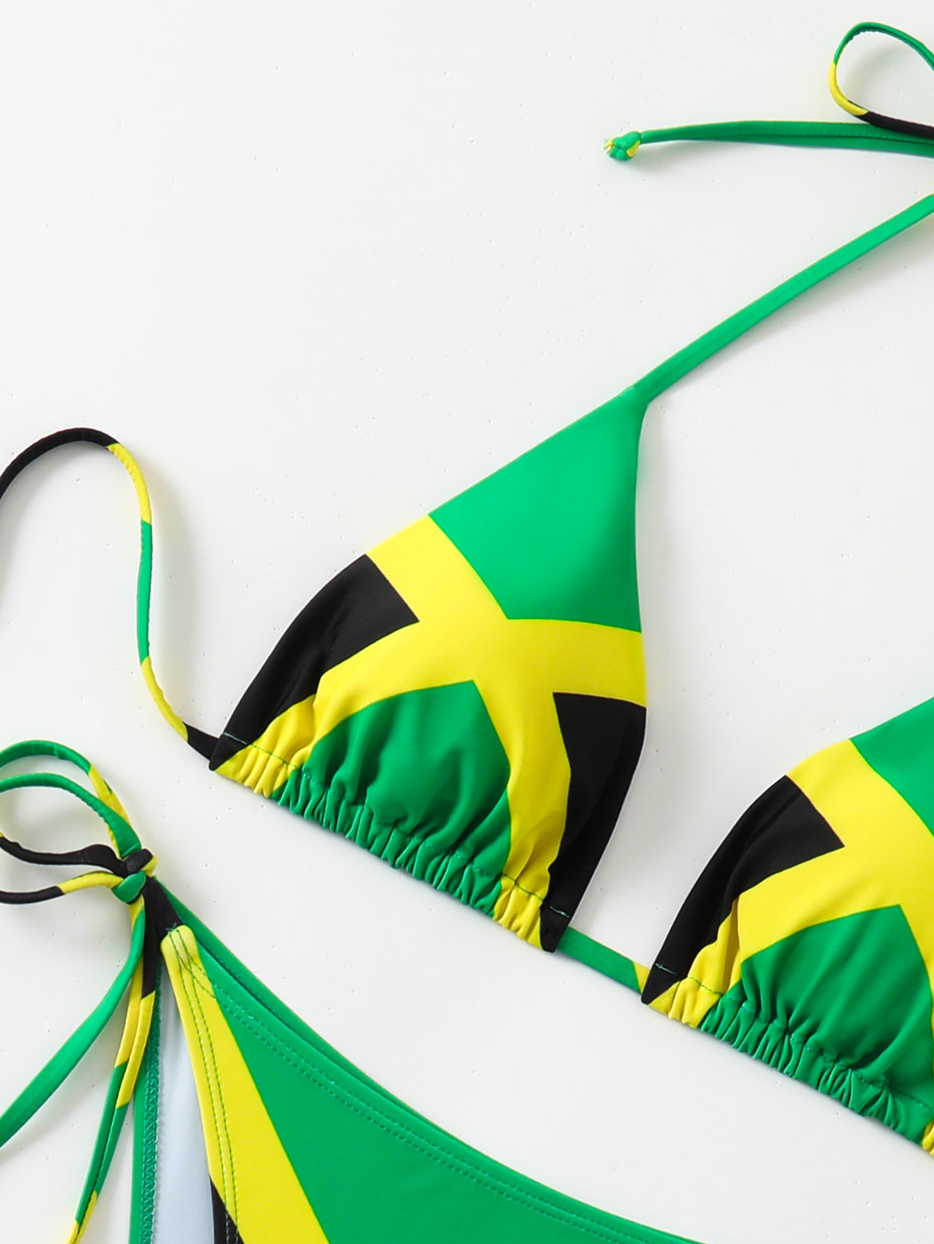 Jamaican Flag Color Block Halter Bikini Set for Women, Adjustable Drawstring Triangle Swimwear