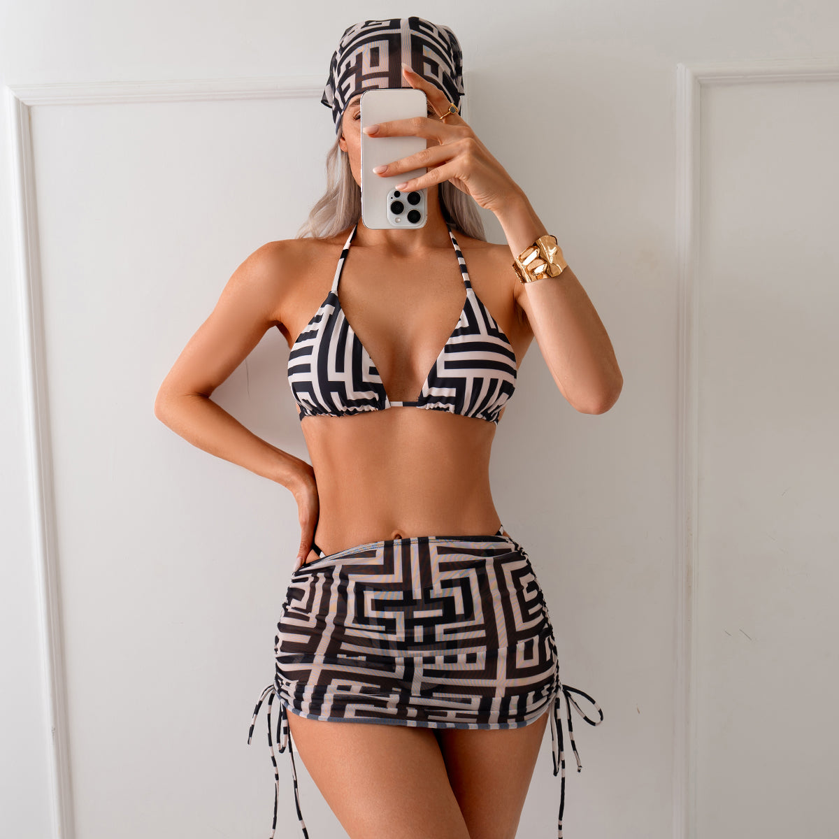 Black & White Geometric Print 3-Piece Bikini Set for Women, Halter Bikini with Tie-Side Skirt & Headscarf, Vacation Swimwear