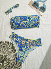 Blue Paisley Print 3-Piece Bikini Set for Women, Bandeau Tie Triangle Swimwear Vacation Outfit
