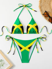 Jamaican Flag Color Block Halter Bikini Set for Women, Adjustable Drawstring Triangle Swimwear