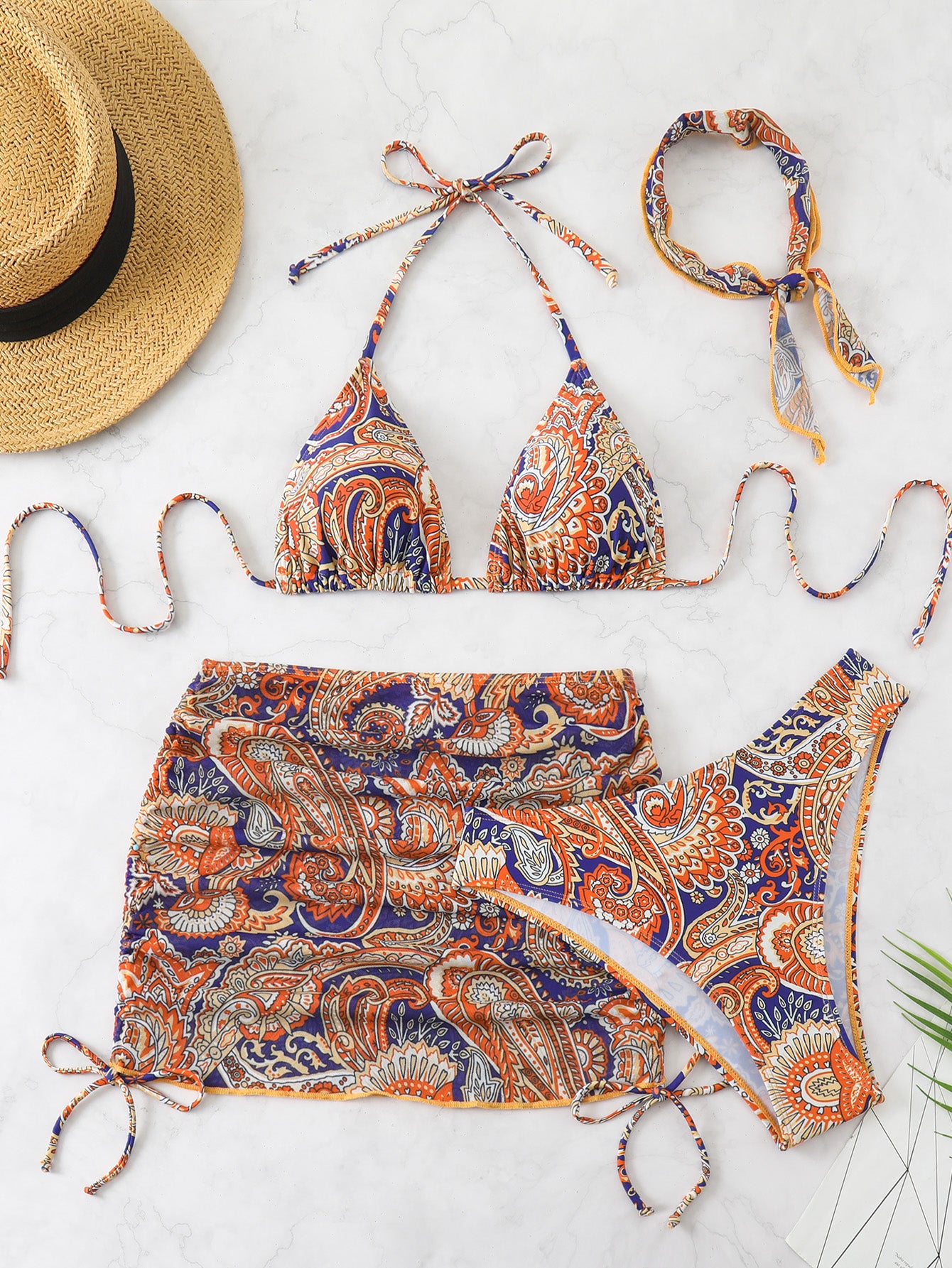 Bohemian Paisley Print 3-Piece Bikini Set for Women, Halter Tie-Side Swimsuit with Skirt & Headscarf, Vacation Beach Swimwear