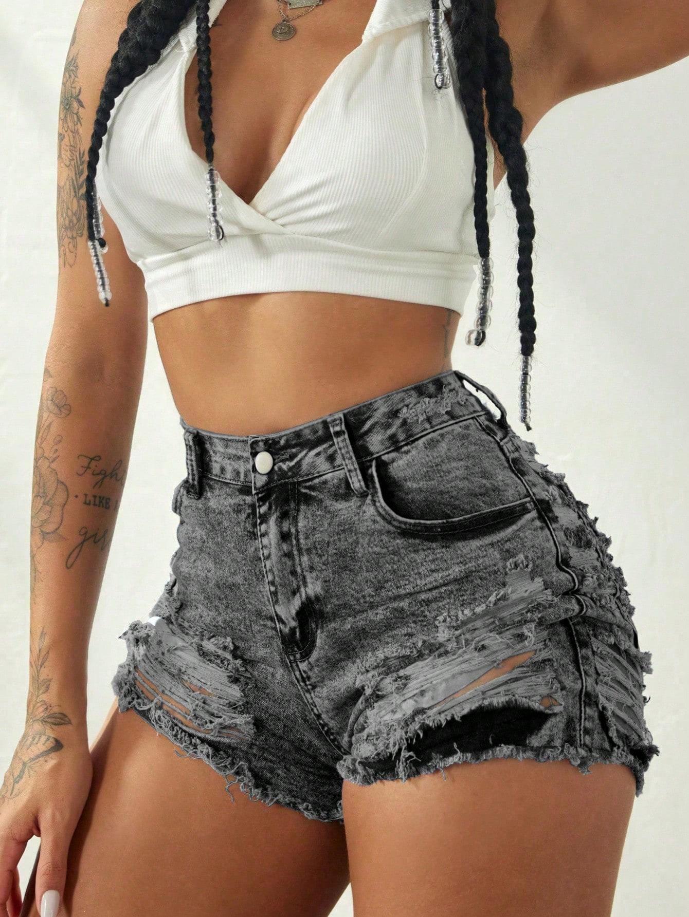 Distressed Black-Gray Ripped Raw-Hem Denim Shorts for Women, High-Waisted Skinny Hot Pants