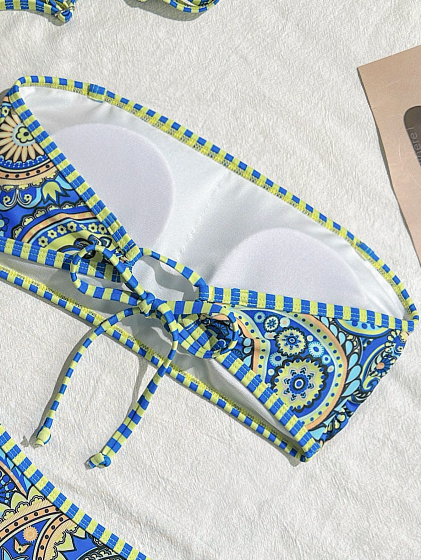 Blue Paisley Print 3-Piece Bikini Set for Women, Bandeau Tie Triangle Swimwear Vacation Outfit
