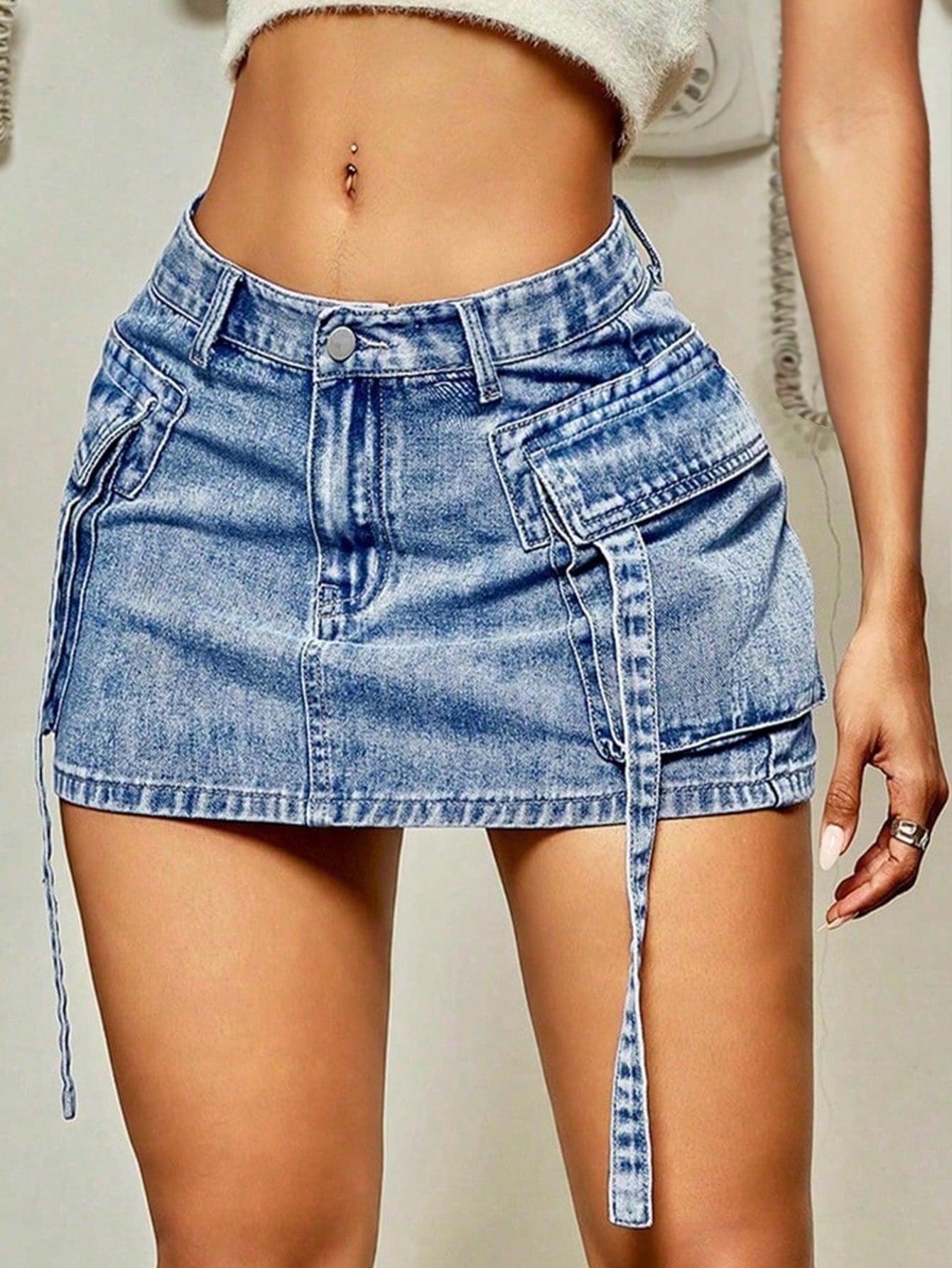 Women's Distressed Washed Cargo Denim Mini Skirt - Vintage Tie-Waist Slim-Fit A-Line Skirt