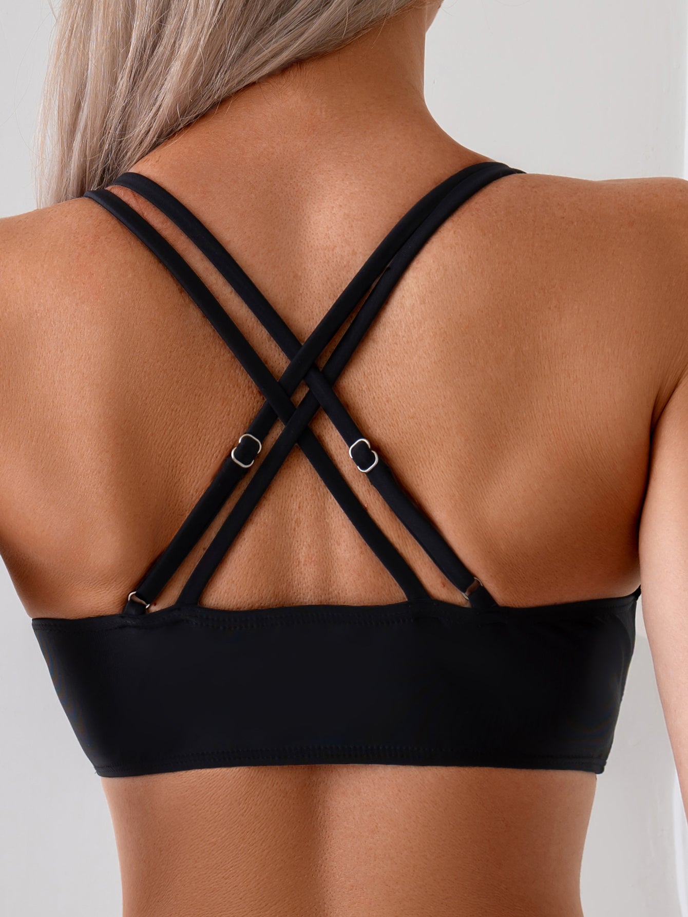 Solid Black Crisscross-Strap Cutout Bikini Set for Women, Deep V High-Waisted Triangle Swimwear