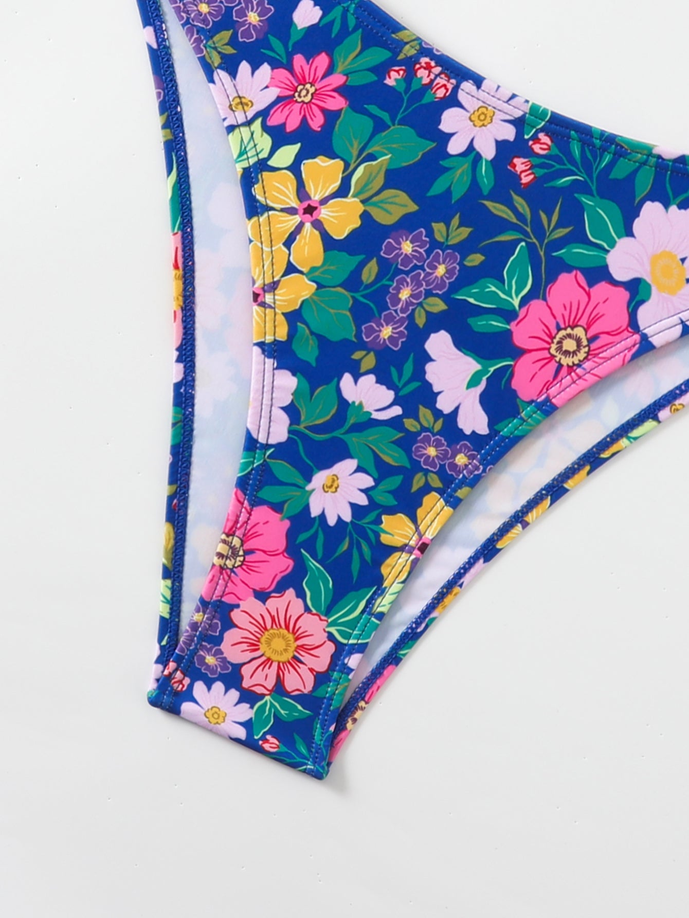 Navy Floral Ruched-Strap Bikini Set for Women, Tie-Waist Triangle Swimwear