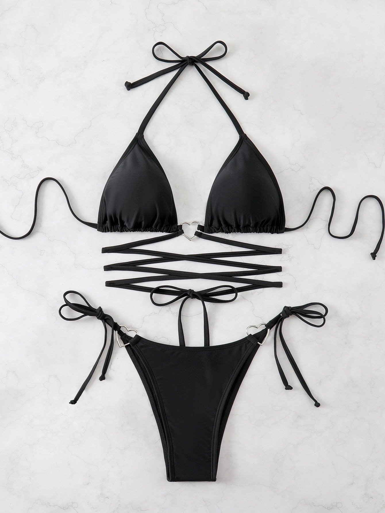 Solid Black Tie-Cutout Bikini Set for Women, Halter Crisscross-Strap Triangle Swimwear