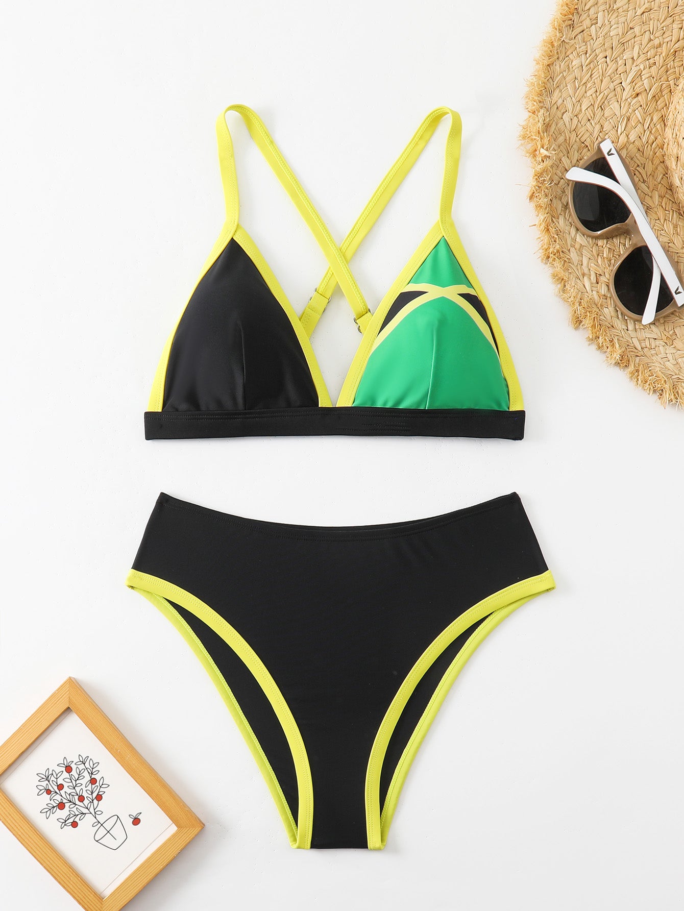 Black-Green Color Block Crisscross Back Bikini Set for Women, Neon Yellow Trim Triangle Swimwear