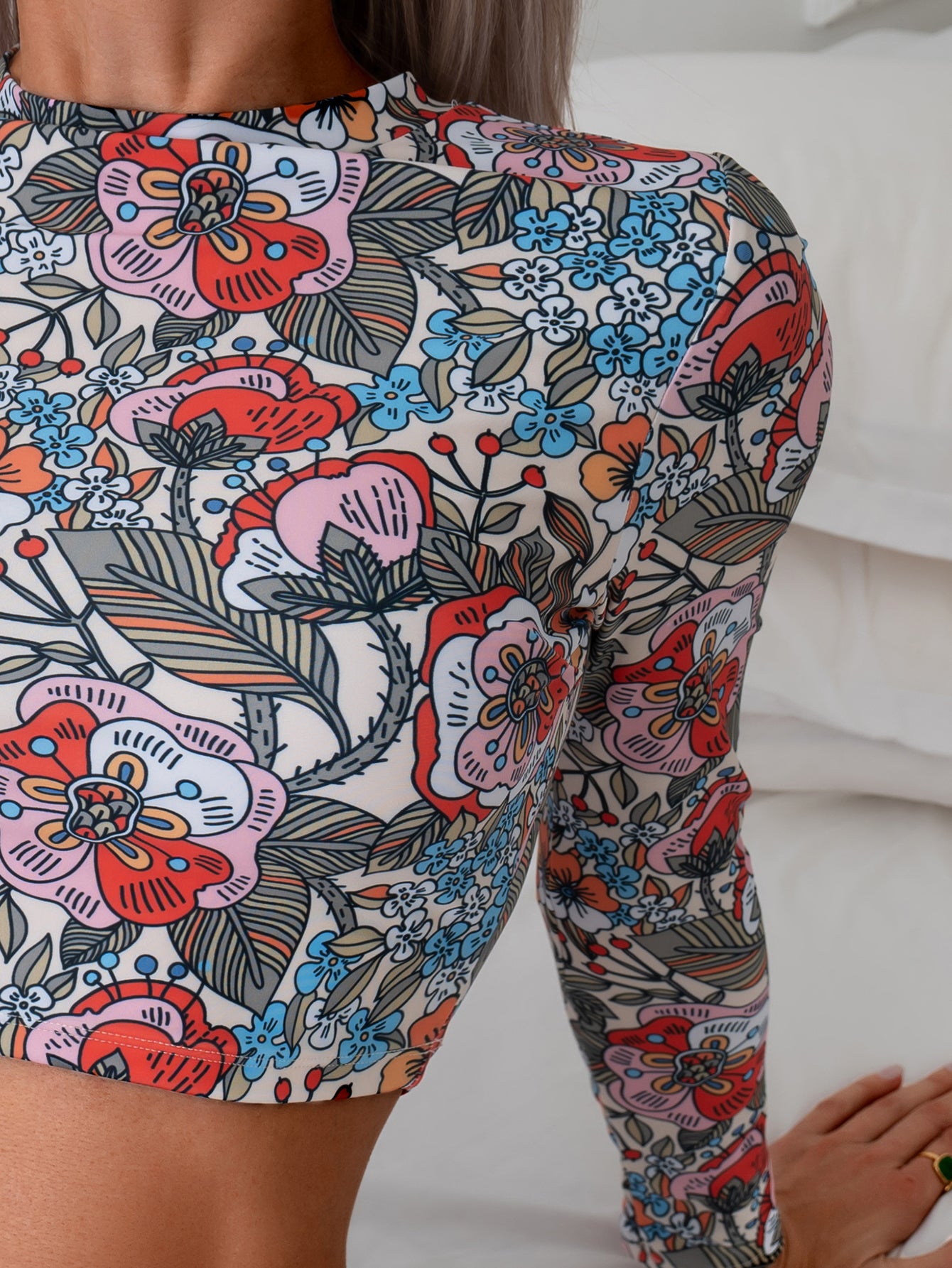 Women's Floral Print Competitive Two-Piece Swimsuit - Long Sleeve Sun Protection Quick-Dry Athletic Training Swimwear Set