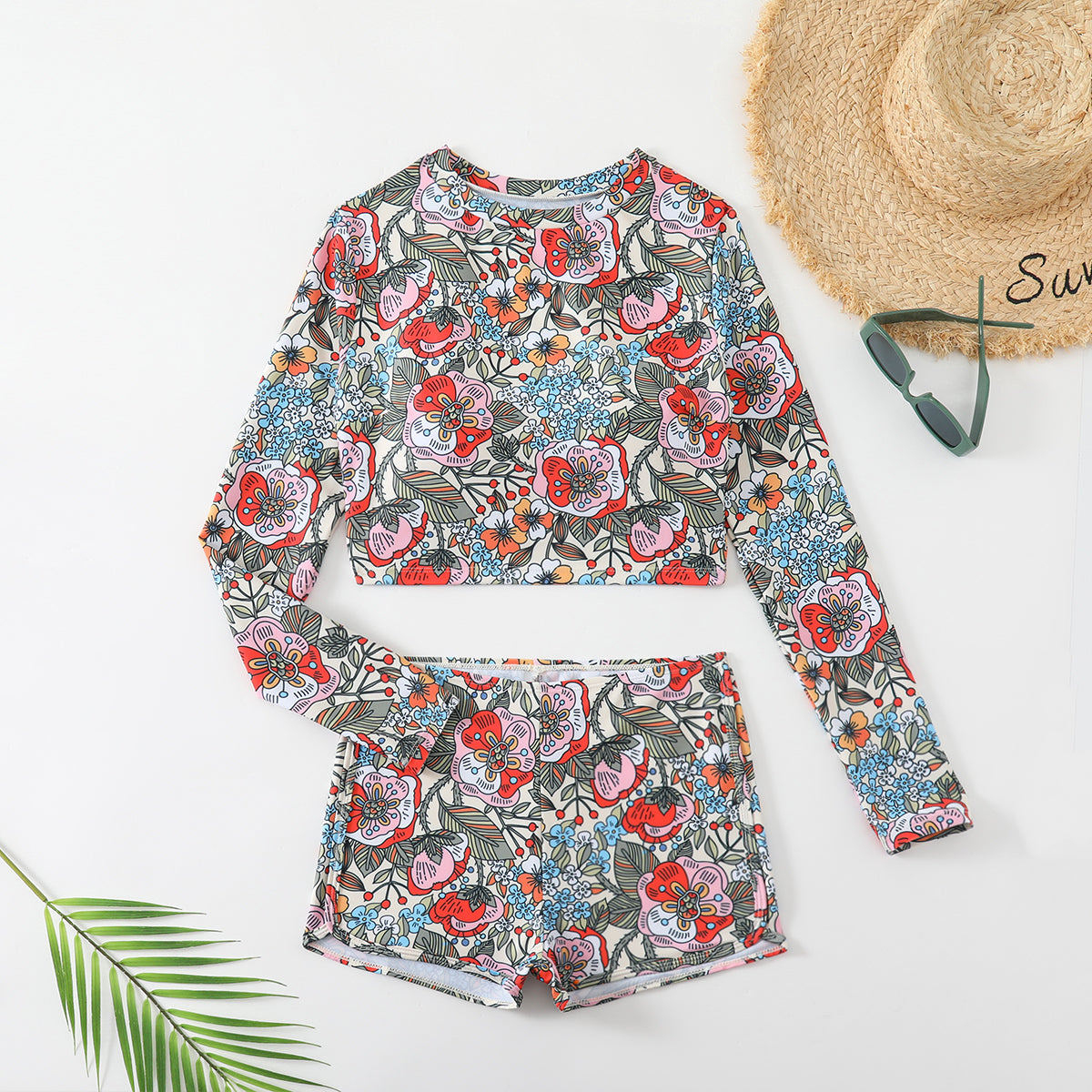 Women's Floral Print Competitive Two-Piece Swimsuit - Long Sleeve Sun Protection Quick-Dry Athletic Training Swimwear Set